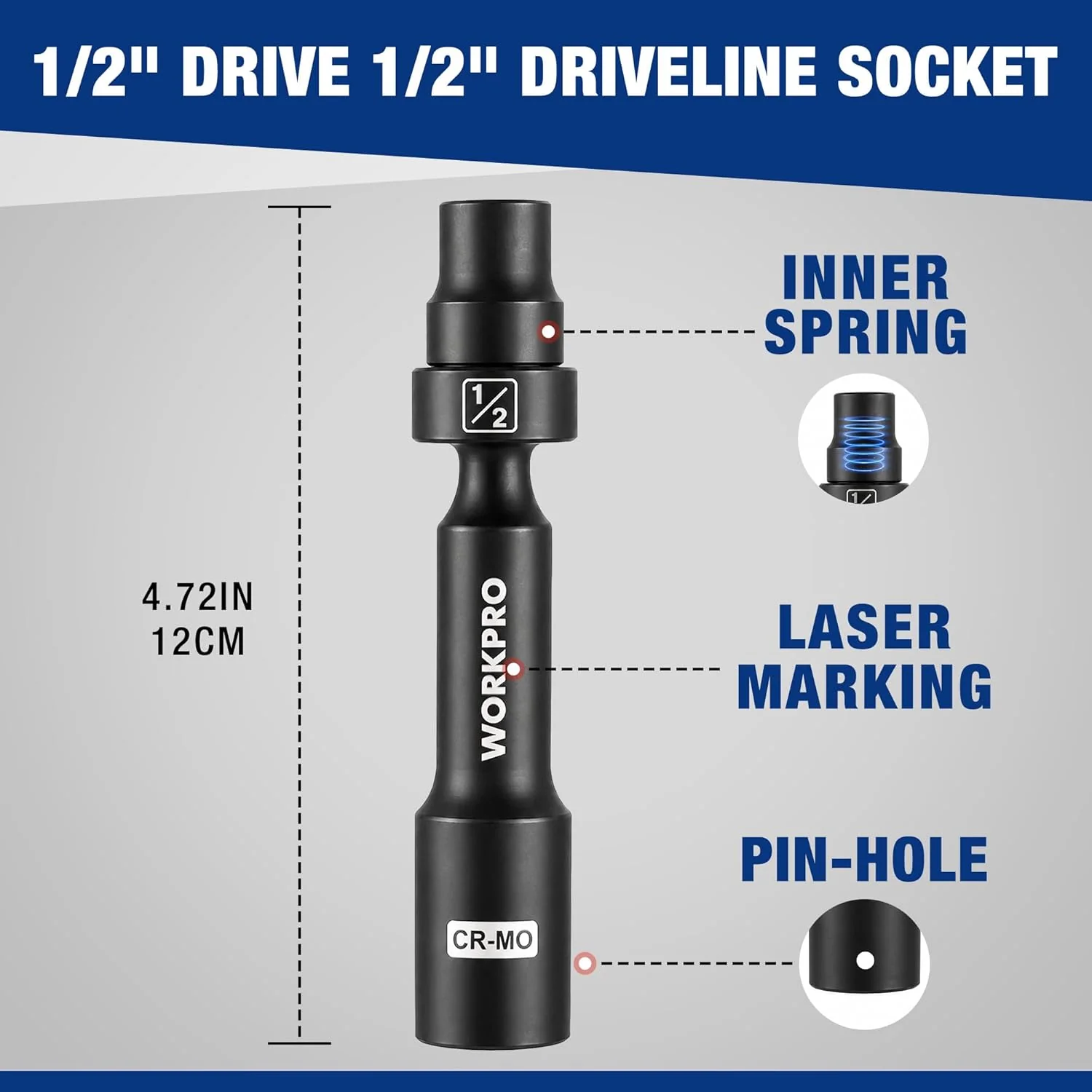 WORKPRO 1/2" Drive Driveline Socket | 12-Point SAE 1/2" Swivel Socket, CR-MO Steel Driveline Limited Clearance Socket Set for Automotive and Mechanical Use - Image 3
