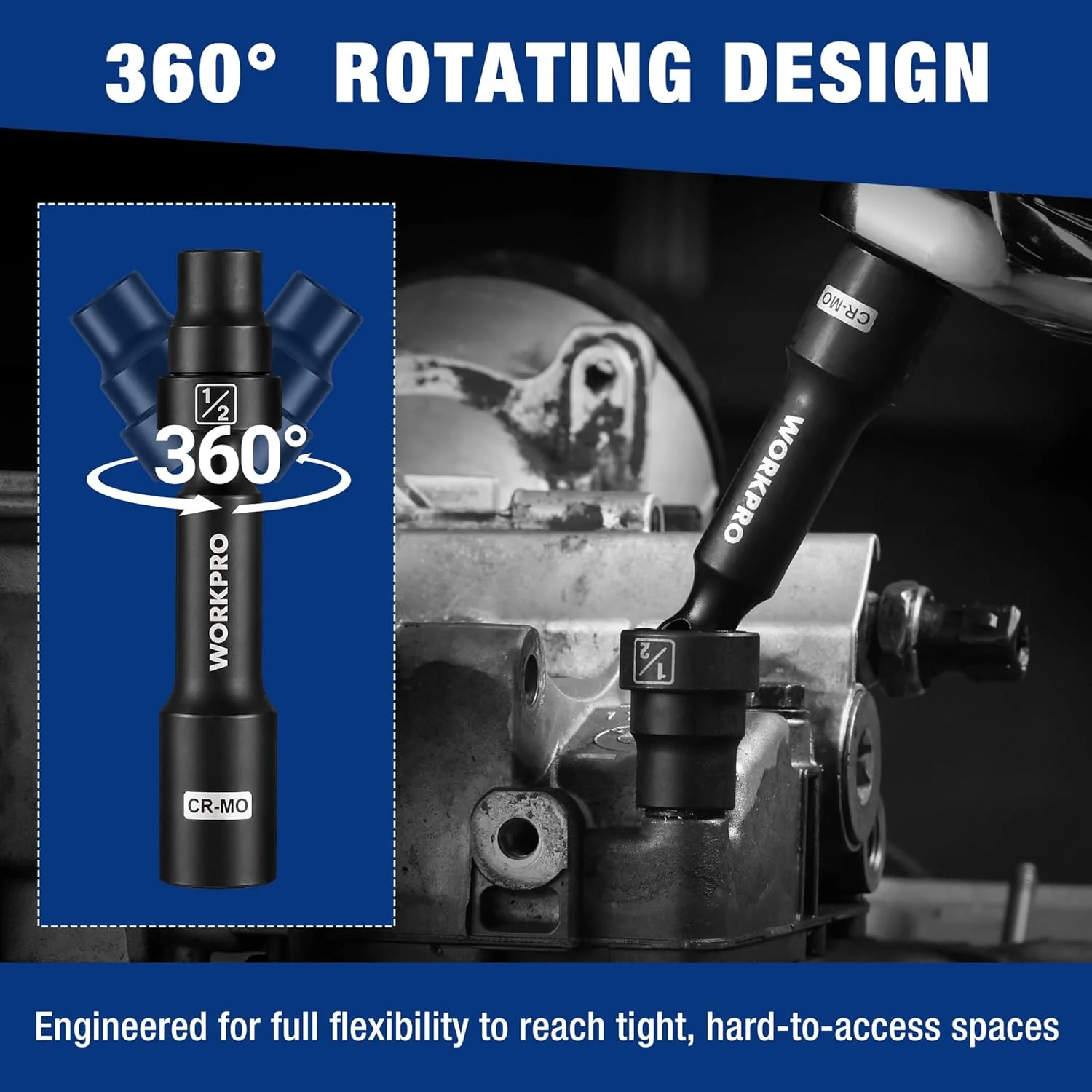 WORKPRO 1/2" Drive Driveline Socket | 12-Point SAE 1/2" Swivel Socket, CR-MO Steel Driveline Limited Clearance Socket Set for Automotive and Mechanical Use - Image 5