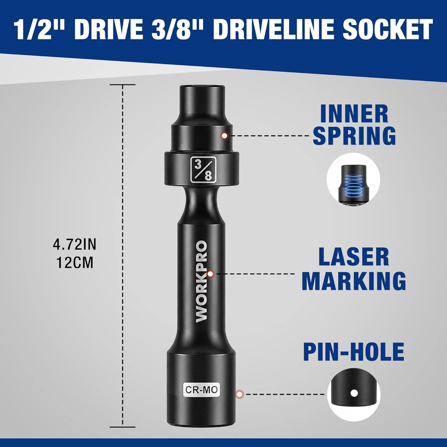 WORKPRO 1/2" Drive Driveline Socket | 12-Point SAE 3/8" Swivel Socket, CR-MO Steel Driveline Limited Clearance Socket Set for Automotive and Mechanical Use - Image 3