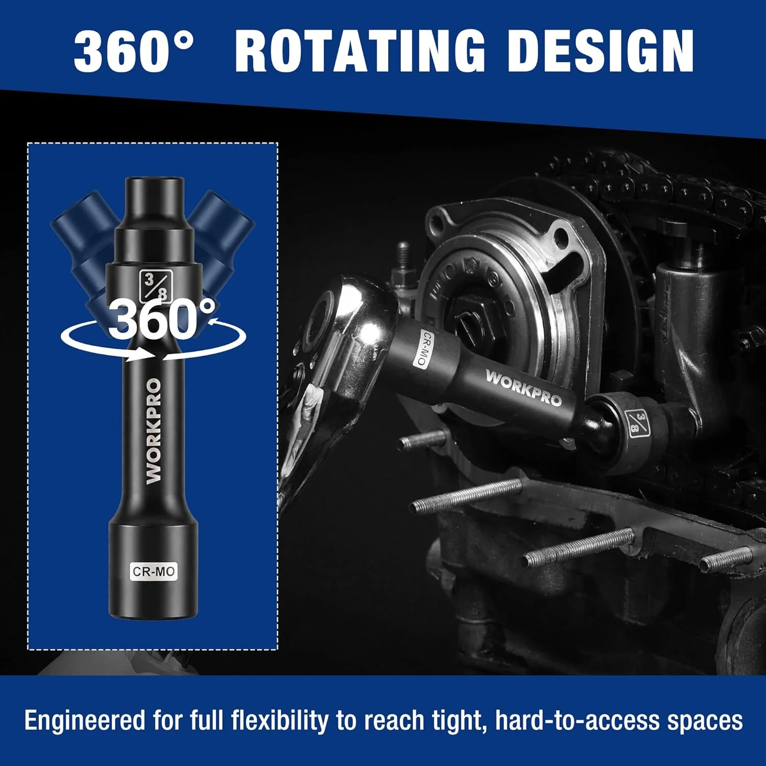 WORKPRO 1/2" Drive Driveline Socket | 12-Point SAE 3/8" Swivel Socket, CR-MO Steel Driveline Limited Clearance Socket Set for Automotive and Mechanical Use - Image 5