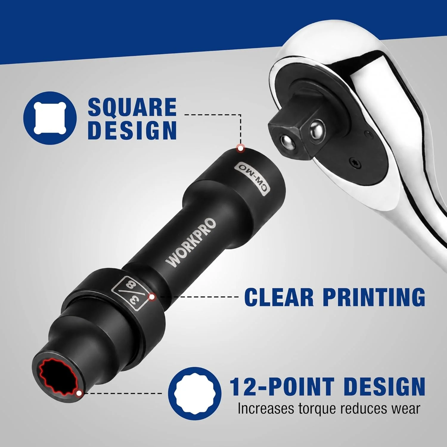 WORKPRO 1/2" Drive Driveline Socket | 12-Point SAE 3/8" Swivel Socket, CR-MO Steel Driveline Limited Clearance Socket Set for Automotive and Mechanical Use - Image 7