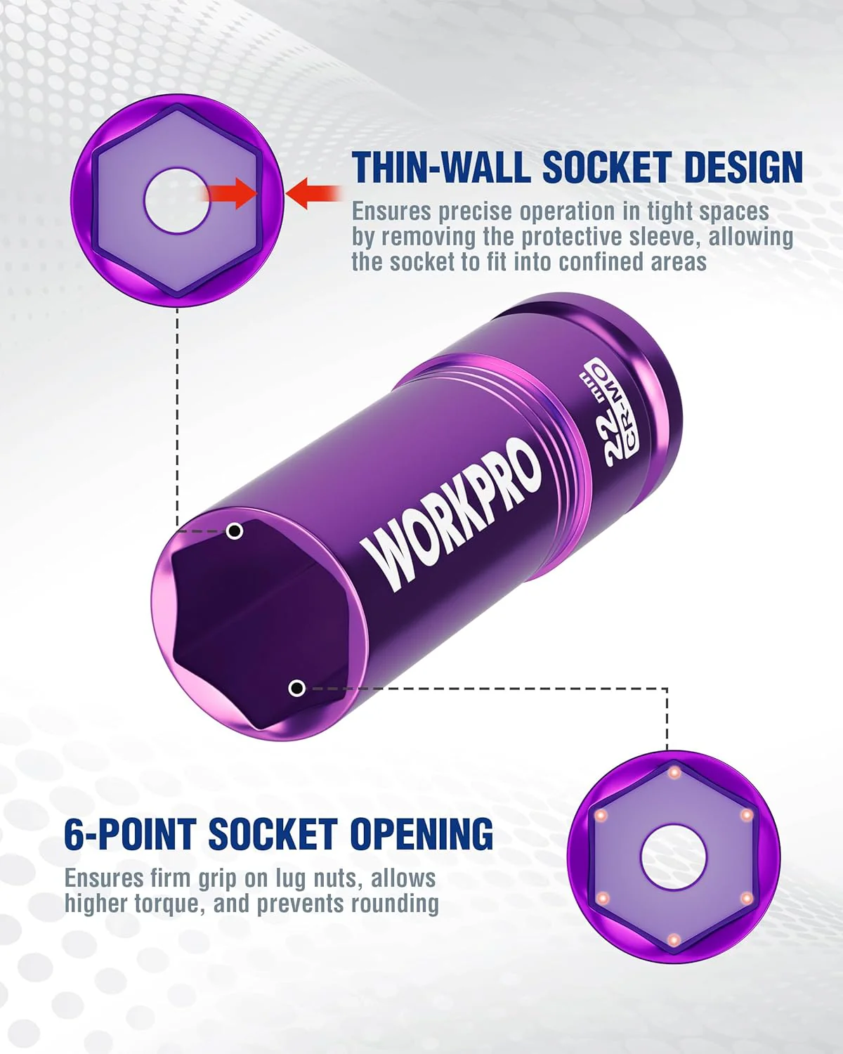 WORKPRO 1/2" Drive Lug Nut Impact Duty Socket, 22mm Deep Thin Wall Socket, Made of Premium Cr-Mo Steel, Non-Marring Lug Nut Wheel Sockets for Car - Image 4