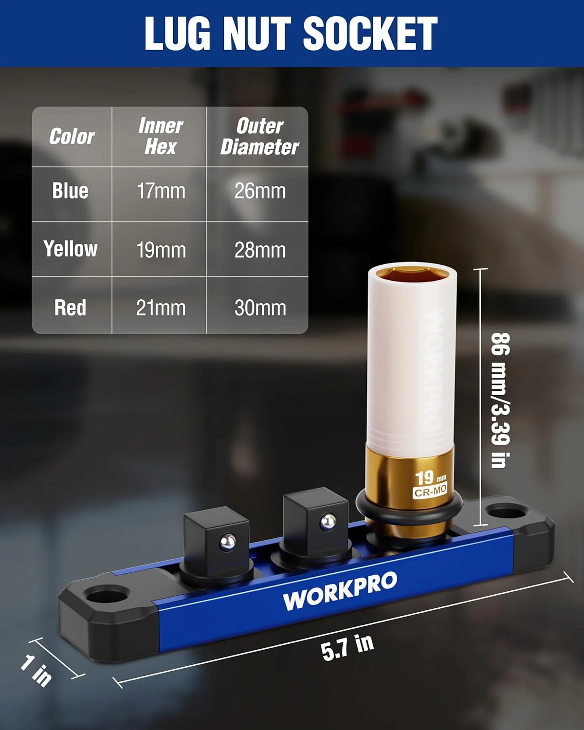 WORKPRO 1/2" Drive Lug Nut Impact Duty Socket Set, 3 Pieces 17-19-21mm Deep Thin Wall Socket Set, Made of Premium Cr-Mo Steel, Non-Marring Lug Nut Wheel Sockets for Car - Image 2