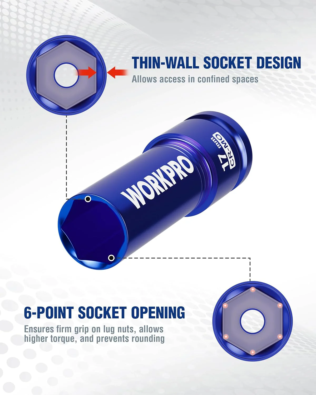 WORKPRO 1/2" Drive Lug Nut Impact Duty Socket Set, 3 Pieces 17-19-21mm Deep Thin Wall Socket Set, Made of Premium Cr-Mo Steel, Non-Marring Lug Nut Wheel Sockets for Car - Image 4