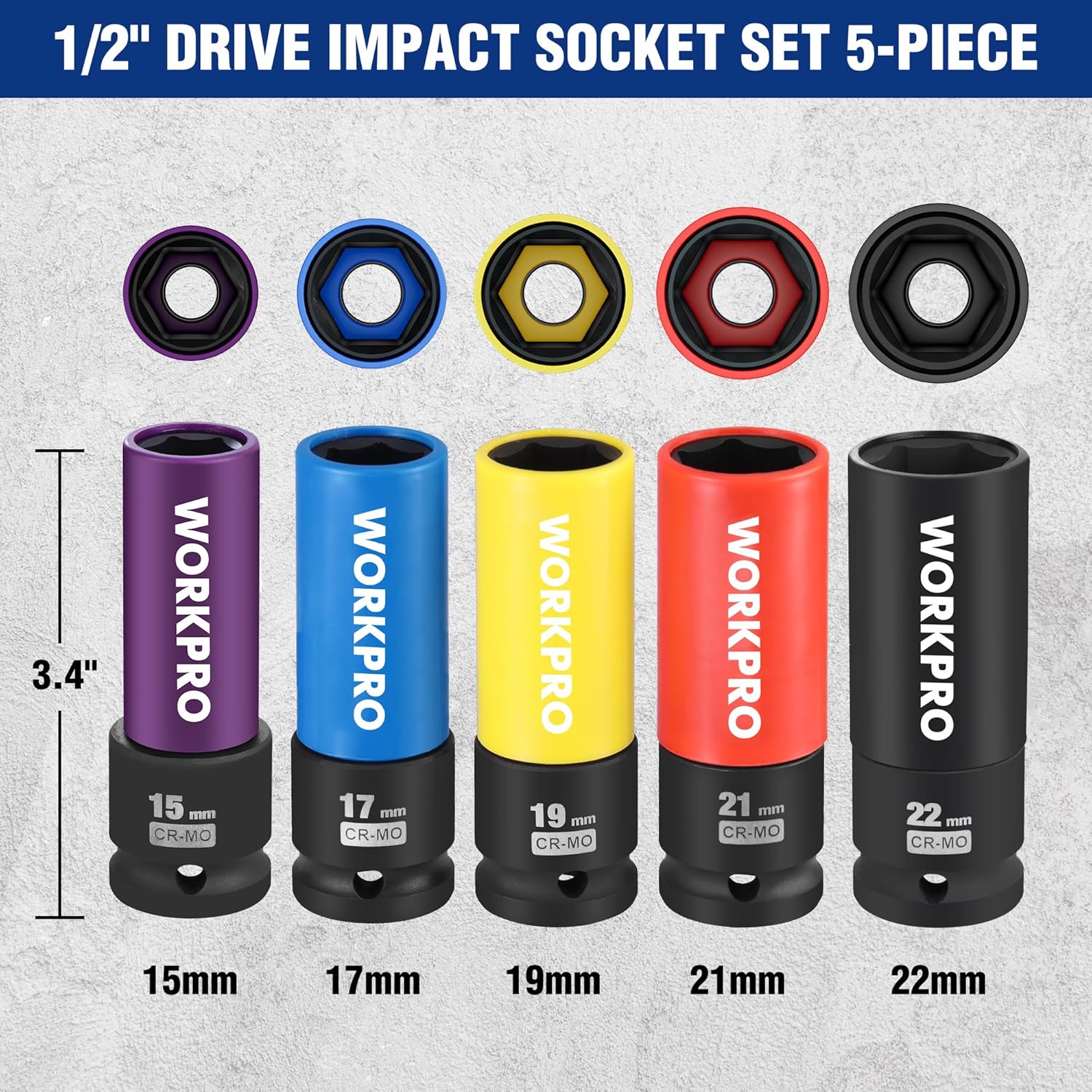 WORKPRO 1/2" Drive Lug Nut Socket Set, 5 Pieces 15 17 19 21 22 MM Non-Marring Lug Nut Wheel Socket Set, Thin Wall Wheel Protector Nut Socket - Image 3
