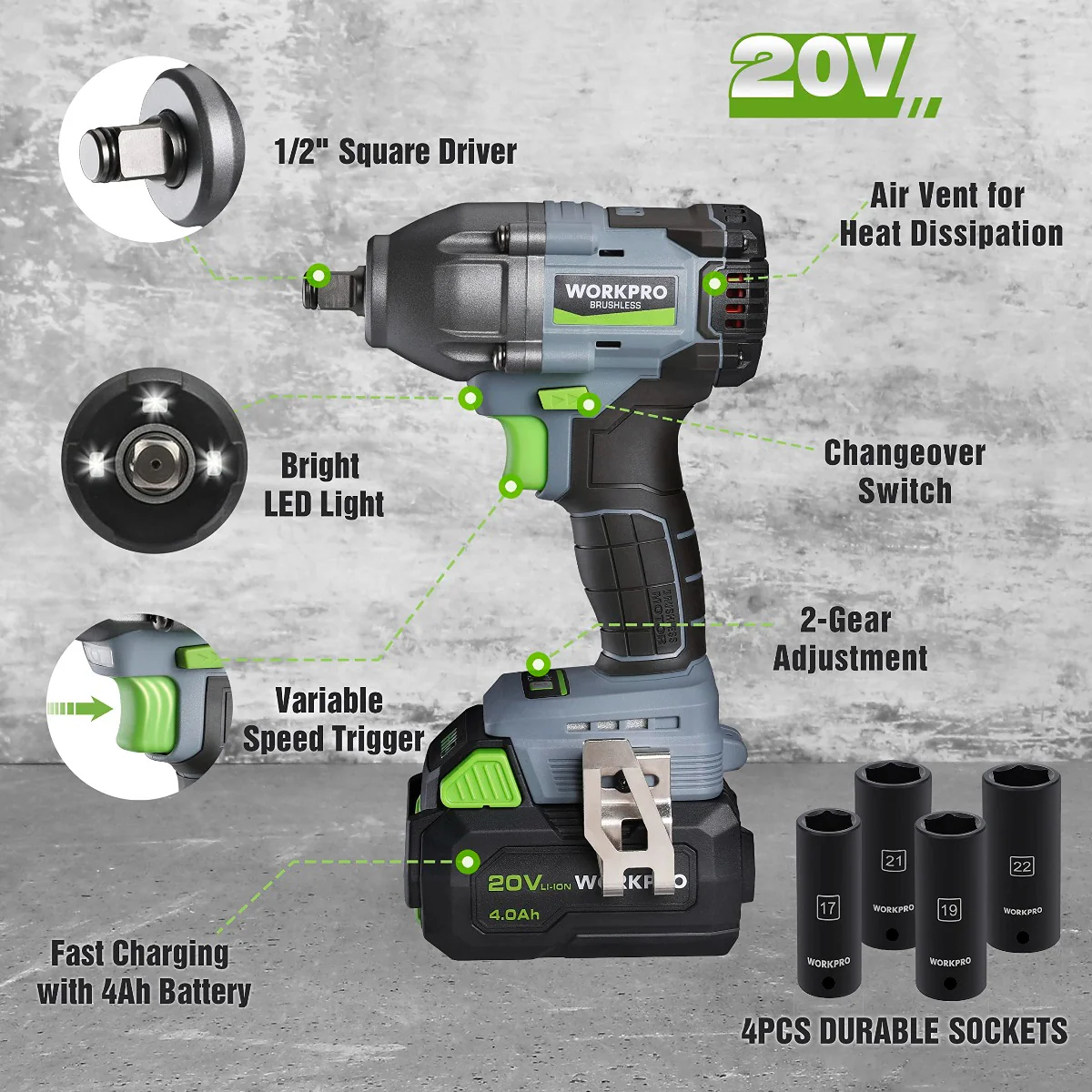 WORKPRO 1/2 inch, 20V Cordless Impact Wrench, with 4.0 Ah Battery, Fast Charger, 4 Impact Sockets and Storage Case - Image 8
