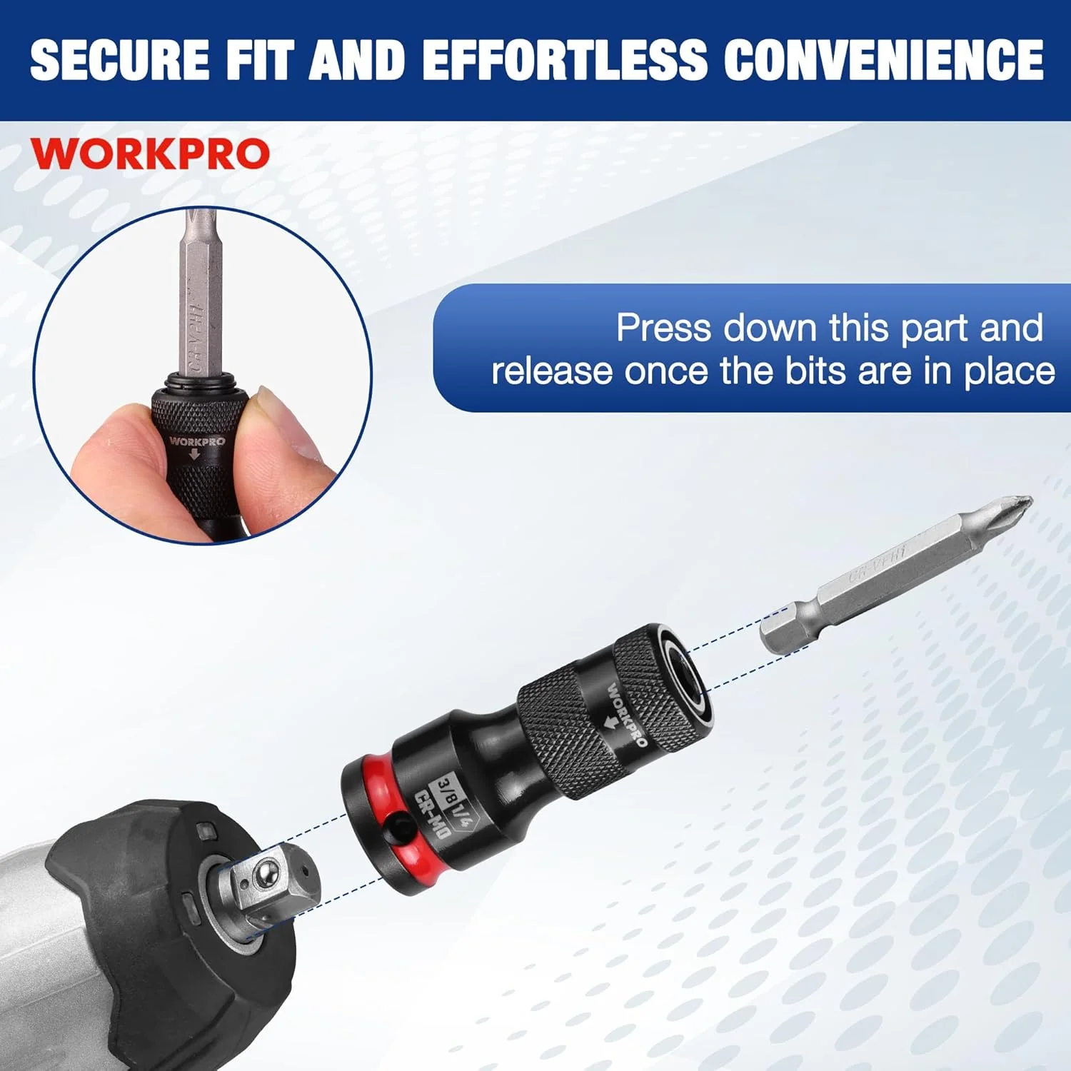 WORKPRO 1/2-inch, 3/8-inch, and 1/4-inch Quick Release Hex Impact Socket Adapter Set and Bit Holders for Ratchet Wrenches, Drivers, Drills - Made from Durable CR-MO Steel - Image 2