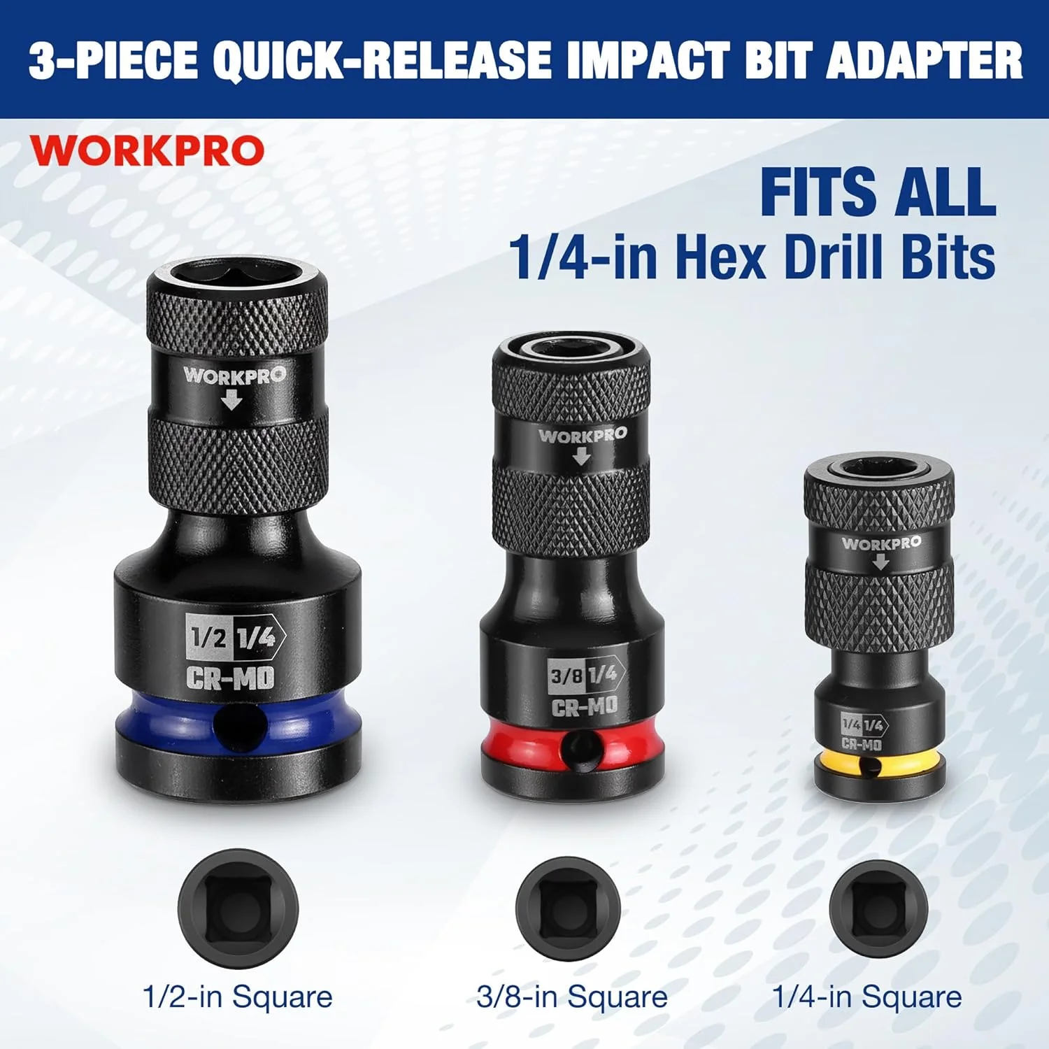 WORKPRO 1/2-inch, 3/8-inch, and 1/4-inch Quick Release Hex Impact Socket Adapter Set and Bit Holders for Ratchet Wrenches, Drivers, Drills - Made from Durable CR-MO Steel - Image 4