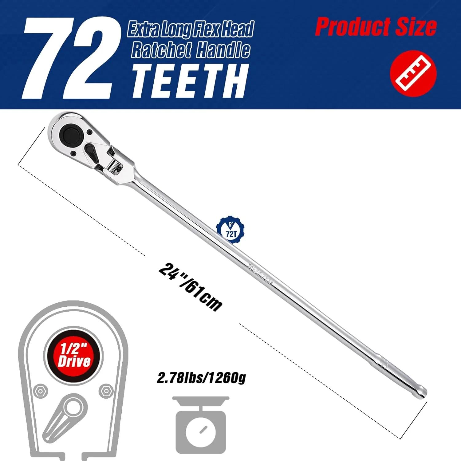 WORKPRO 1/2 inch Drive Extra Long Flex Head Ratchet, 24 Inch Long CR-V Steel Ratchet Handle with Chromium Plating, CR-MO Head, Quick Release Reversible Design, 72-Tooth - Image 2
