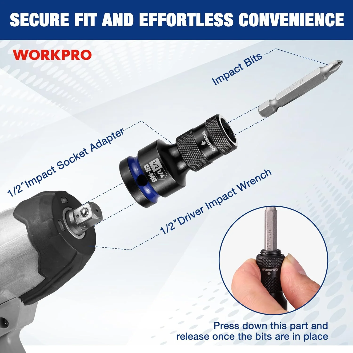 WORKPRO 1/2-inch Square to 1/4-inch Hex Quick Release Impact Socket Adapter and Bit Holder for Ratchet Wrenches, Drivers, Drills - Made from Durable CR-MO Steel - Image 4