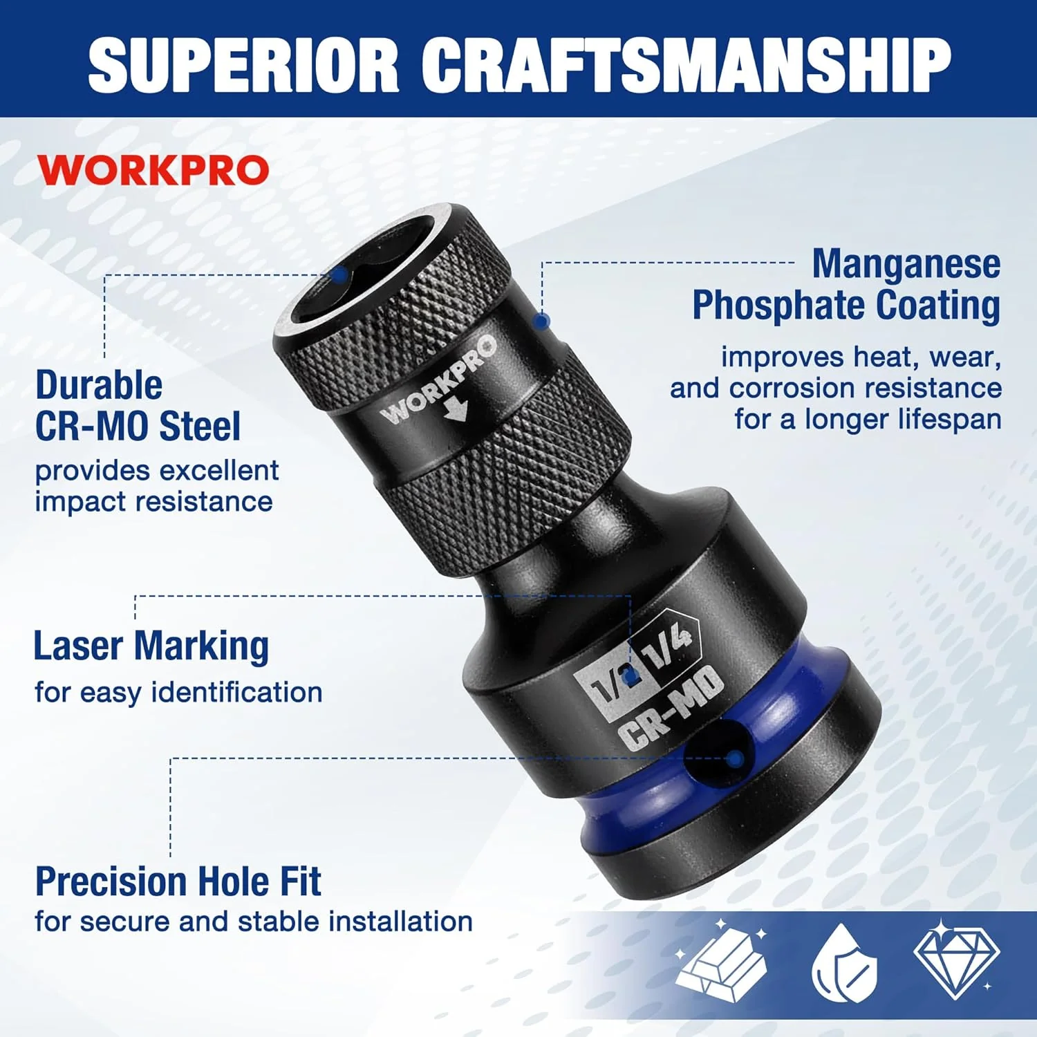WORKPRO 1/2-inch Square to 1/4-inch Hex Quick Release Impact Socket Adapter and Bit Holder for Ratchet Wrenches, Drivers, Drills - Made from Durable CR-MO Steel - Image 5