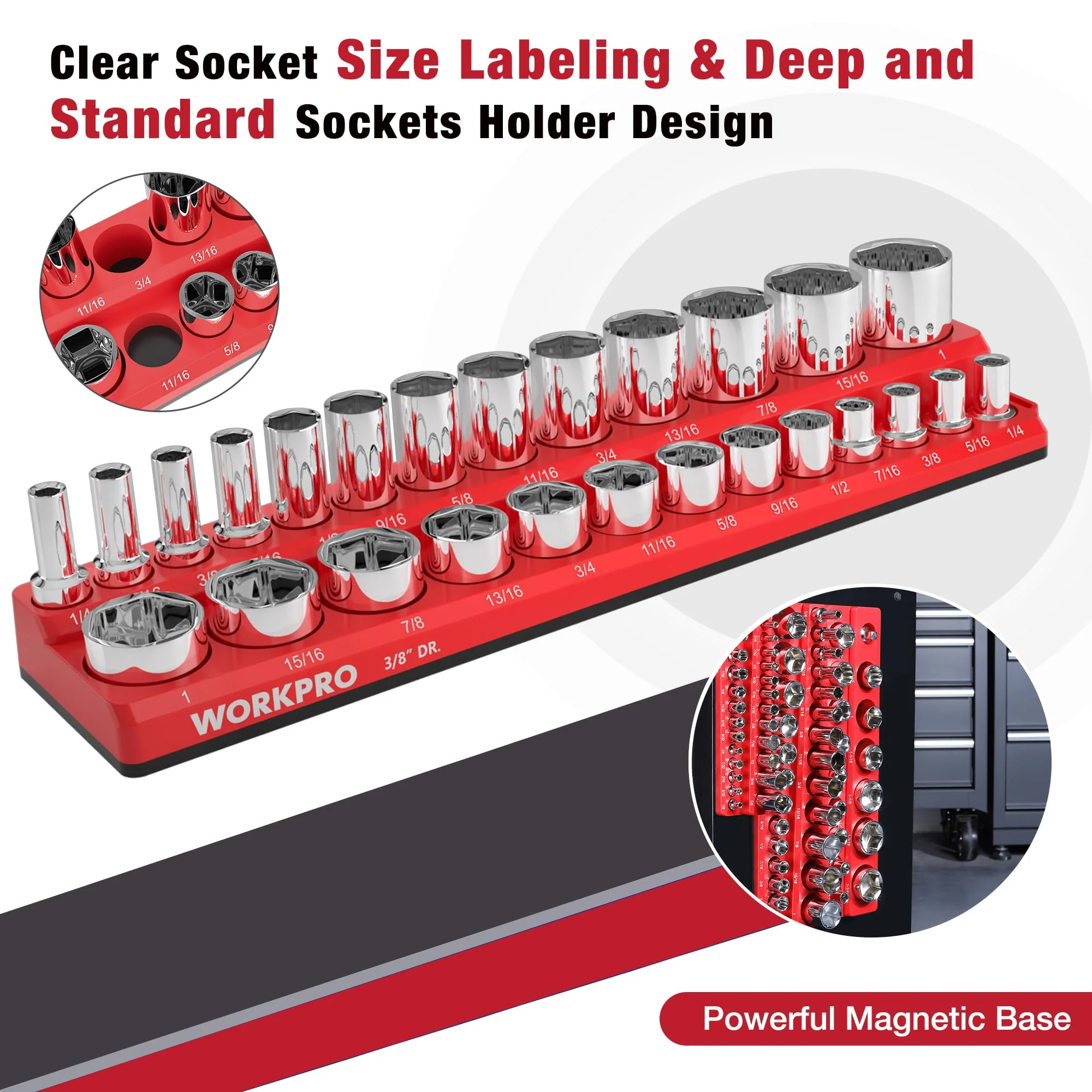 WORKPRO 1/4", 3/8", 1/2" Dr Metric/SAE Magnetic Socket Organizer Set (Socket not Included) - Image 11