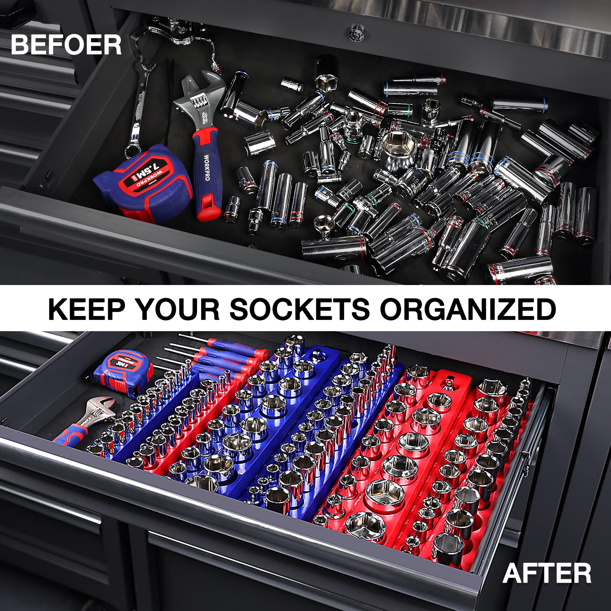 WORKPRO 1/4", 3/8", 1/2" Dr Metric/SAE Magnetic Socket Organizer Set (Socket not Included) - Image 6