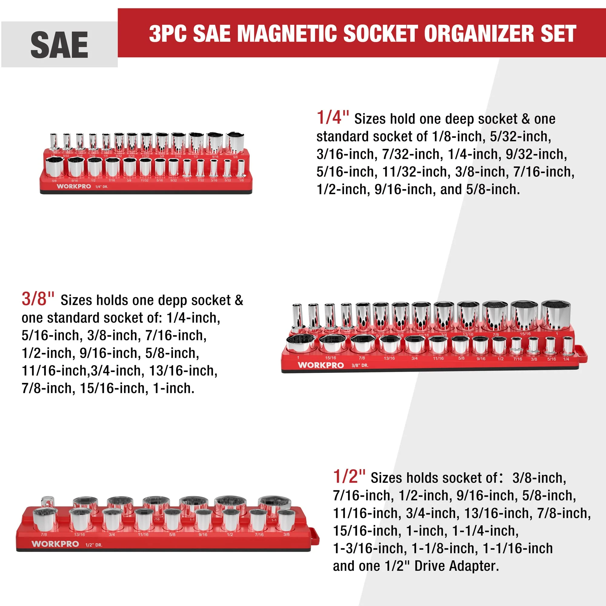 WORKPRO 1/4", 3/8", 1/2" Dr Metric/SAE Magnetic Socket Organizer Set (Socket not Included) - Image 8