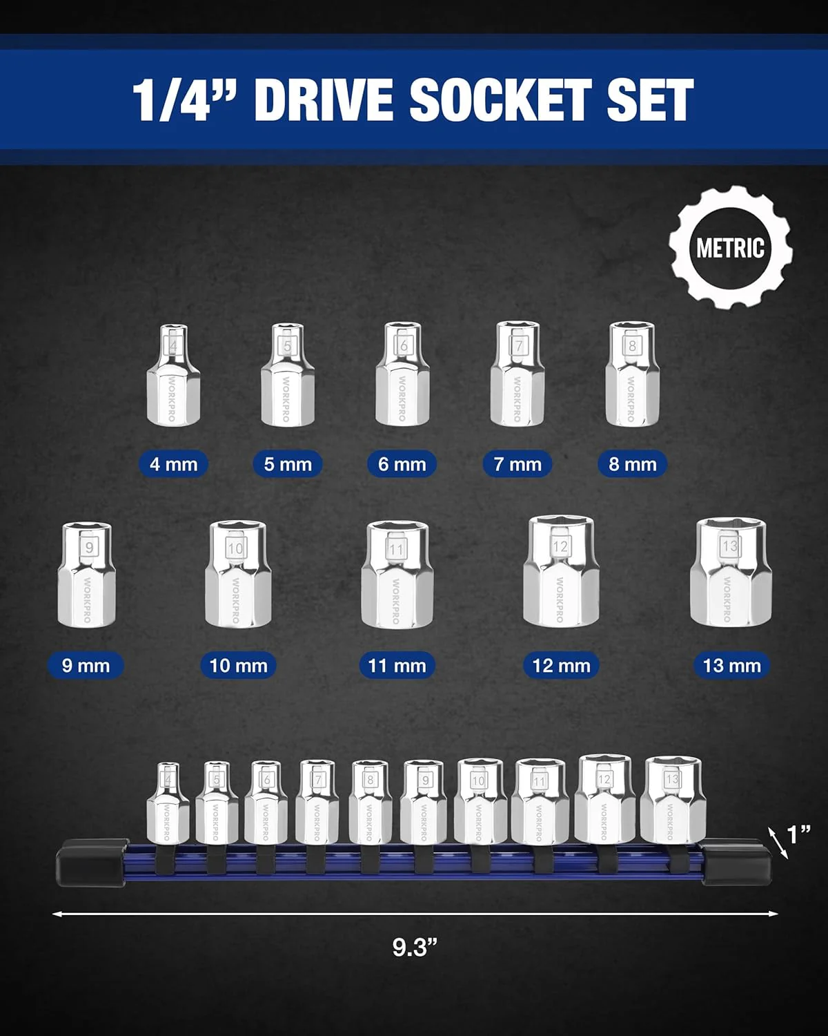 WORKPRO 1/4" Drive Socket Set, 10-Piece Metric CR-V Socket Set with Rail | Standard & Shallow Sockets, External Hex Socket, 4mm to 13mm, 6-Point, Size Markings, PVC Socket Organizer, for Auto Repairs - Image 2