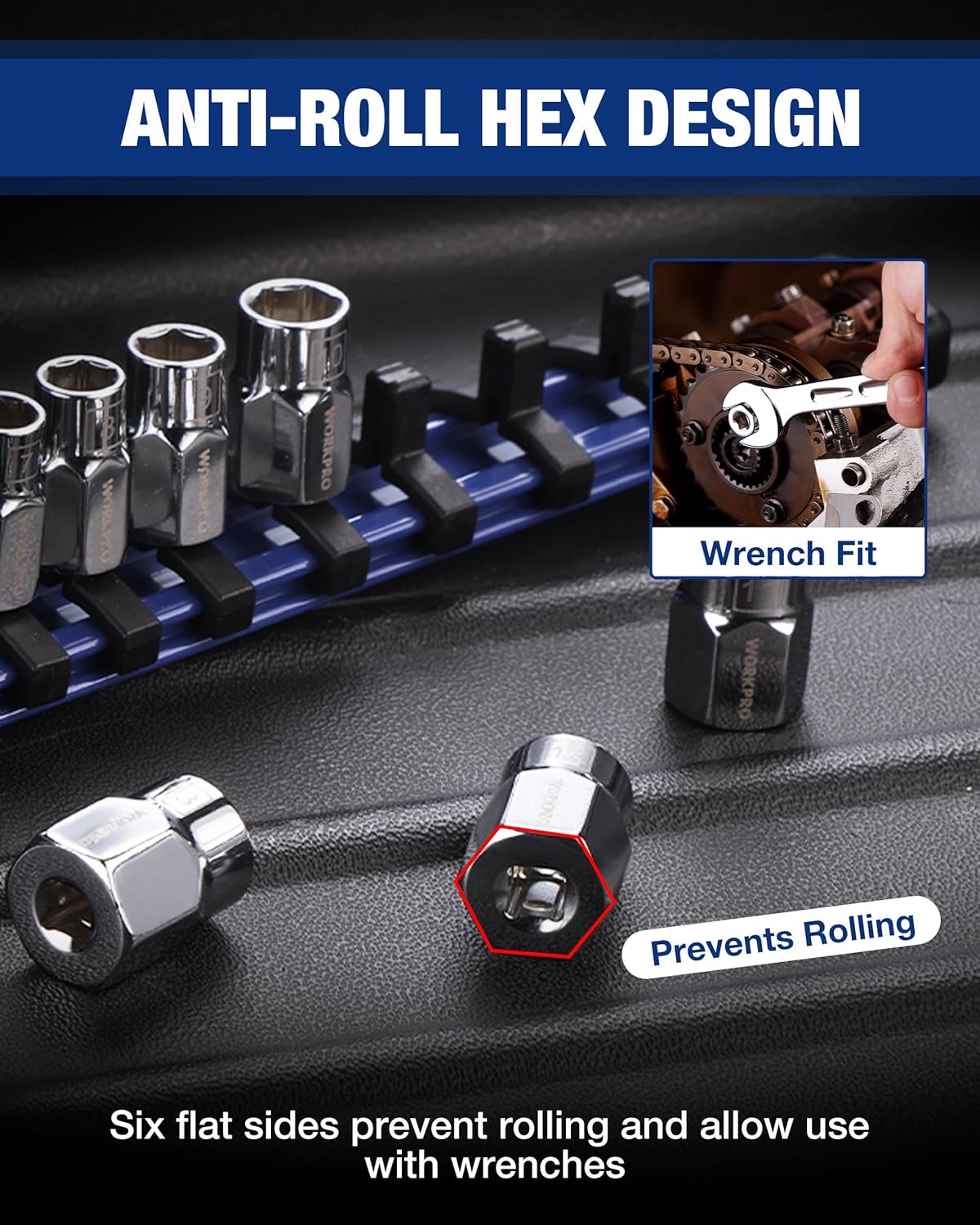 WORKPRO 1/4" Drive Socket Set, 10-Piece Metric CR-V Socket Set with Rail | Standard & Shallow Sockets, External Hex Socket, 4mm to 13mm, 6-Point, Size Markings, PVC Socket Organizer, for Auto Repairs - Image 5