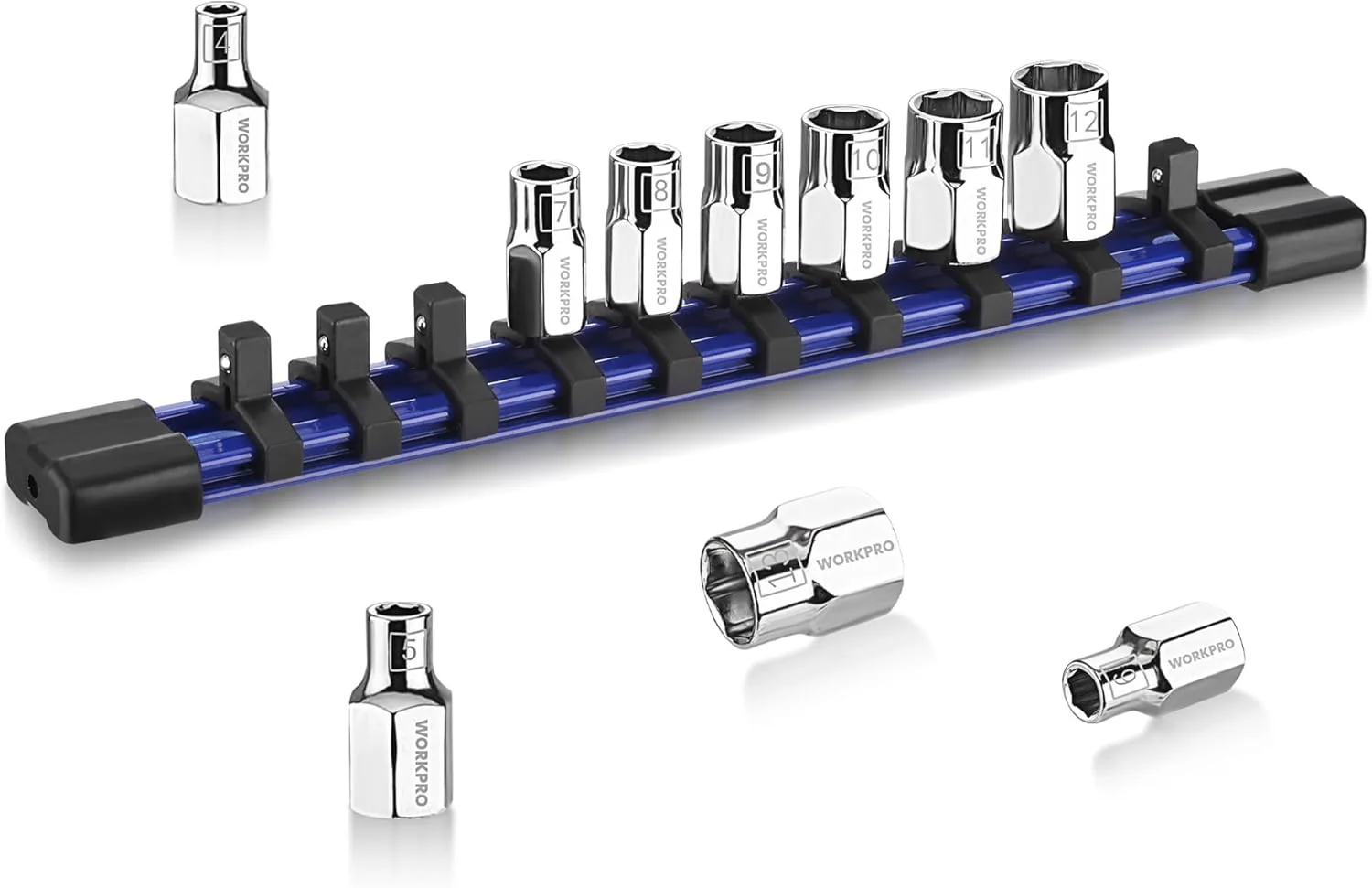 WORKPRO 1/4" Drive Socket Set, 10-Piece Metric CR-V Socket Set with Rail | Standard & Shallow Sockets, External Hex Socket, 4mm to 13mm, 6-Point, Size Markings, PVC Socket Organizer, for Auto Repairs - Image 9