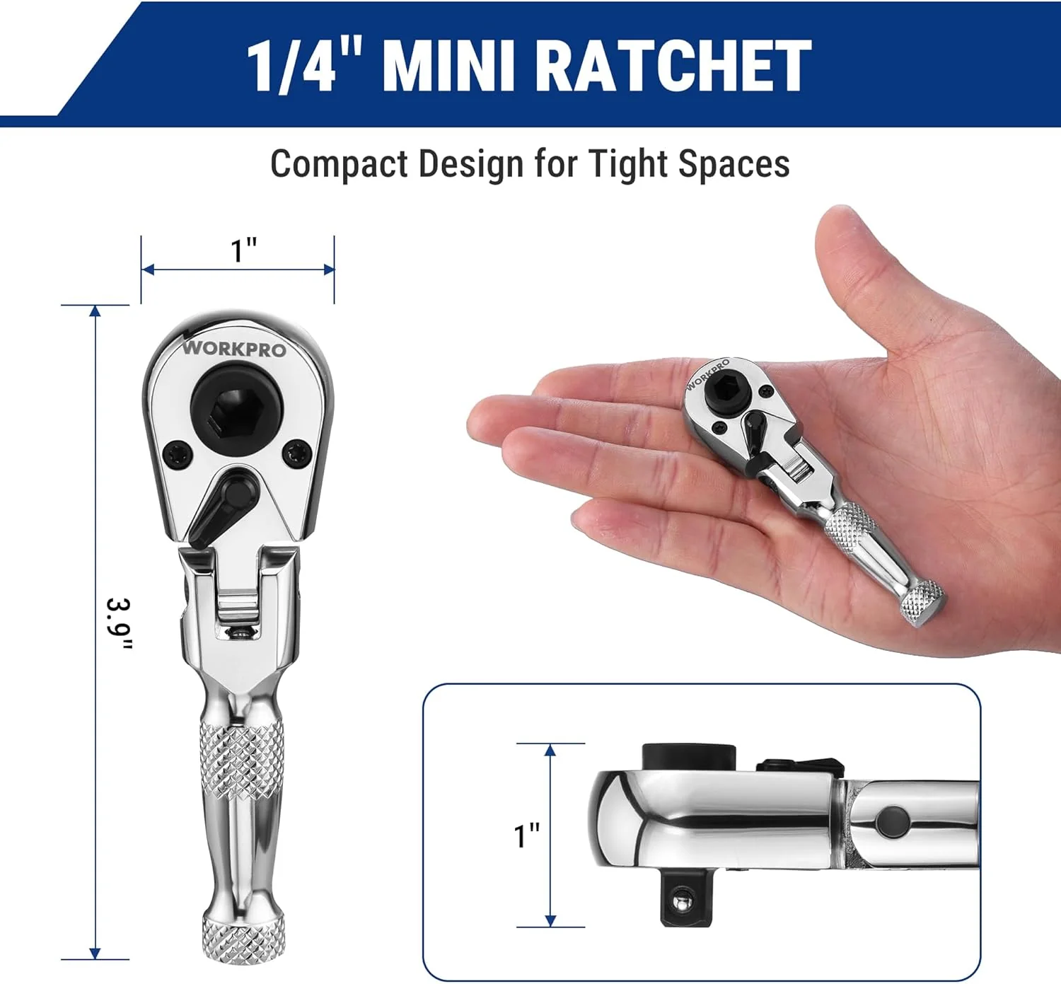 WORKPRO 1/4" Drive Stubby Ratchet, 2-In-1 Socket Wrench Flex Head Ratchet & Bit Driver, Reversible Direction Switch, CrMo Alloy, 72-Tooth, Compact Hand Tools for Home Repair & Tight Spaces - Image 2