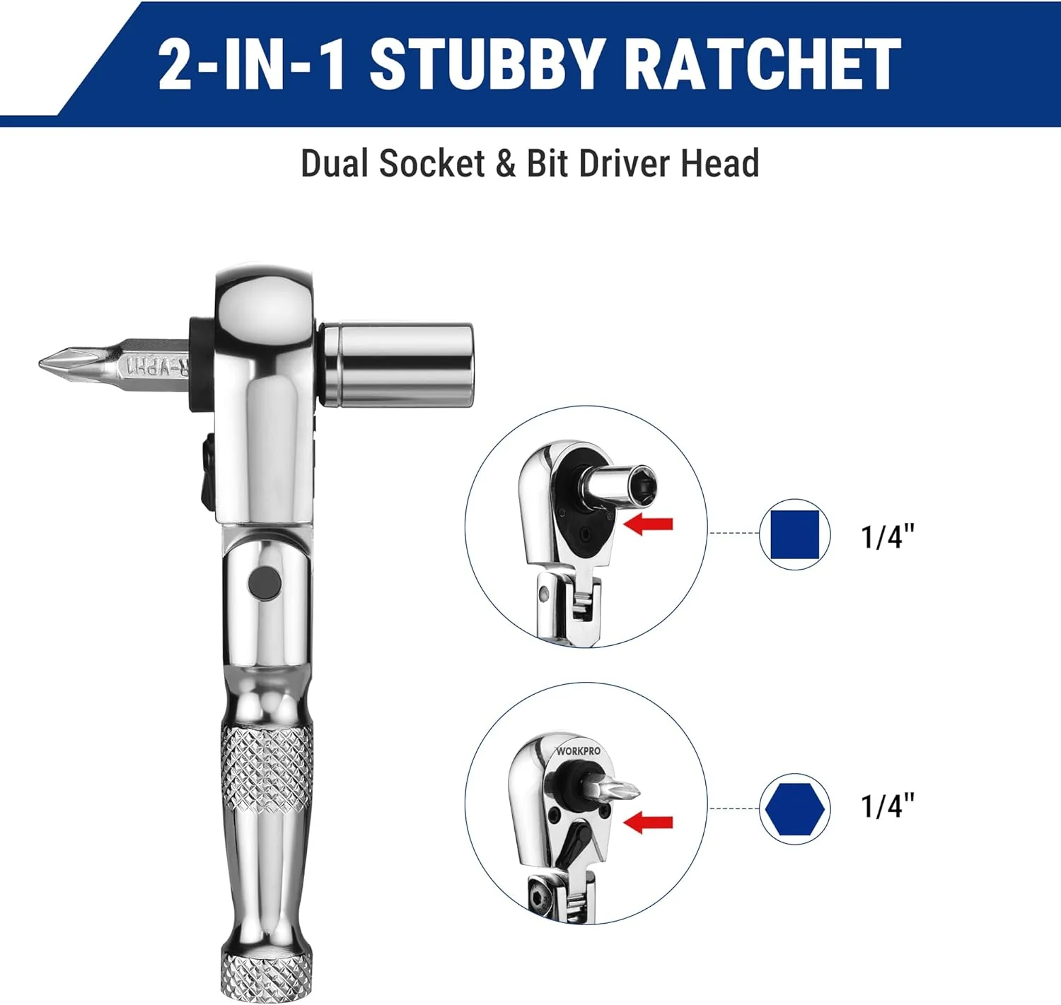 WORKPRO 1/4" Drive Stubby Ratchet, 2-In-1 Socket Wrench Flex Head Ratchet & Bit Driver, Reversible Direction Switch, CrMo Alloy, 72-Tooth, Compact Hand Tools for Home Repair & Tight Spaces - Image 3