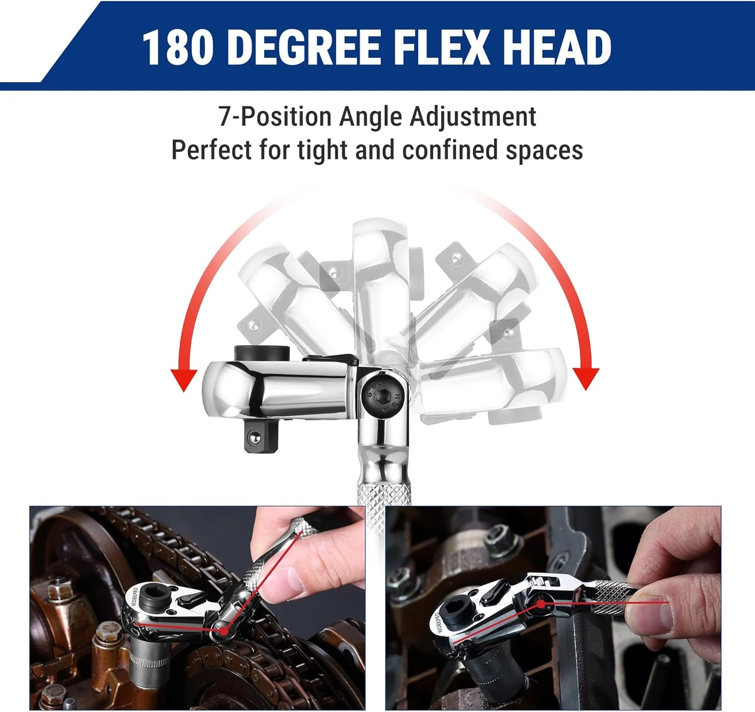 WORKPRO 1/4" Drive Stubby Ratchet, 2-In-1 Socket Wrench Flex Head Ratchet & Bit Driver, Reversible Direction Switch, CrMo Alloy, 72-Tooth, Compact Hand Tools for Home Repair & Tight Spaces - Image 4