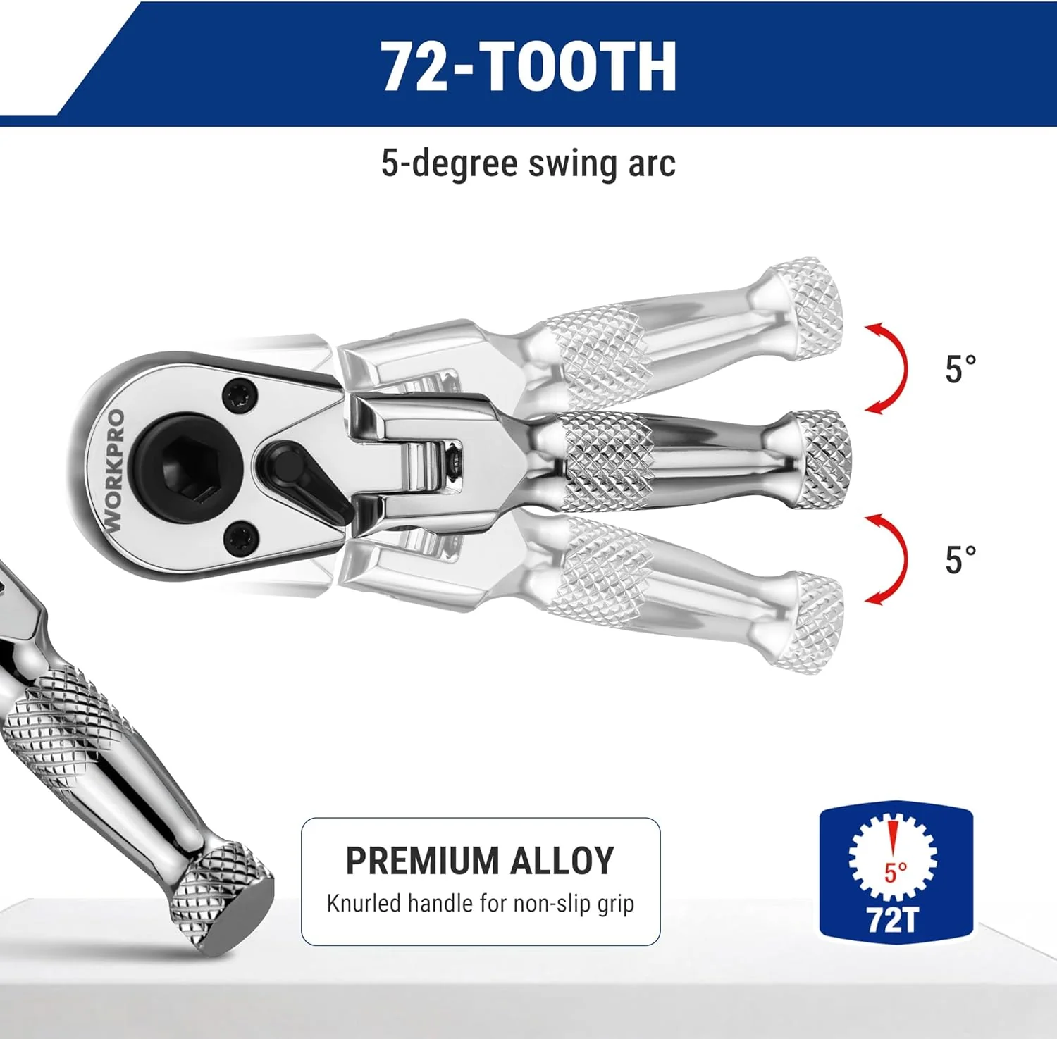 WORKPRO 1/4" Drive Stubby Ratchet, 2-In-1 Socket Wrench Flex Head Ratchet & Bit Driver, Reversible Direction Switch, CrMo Alloy, 72-Tooth, Compact Hand Tools for Home Repair & Tight Spaces - Image 5