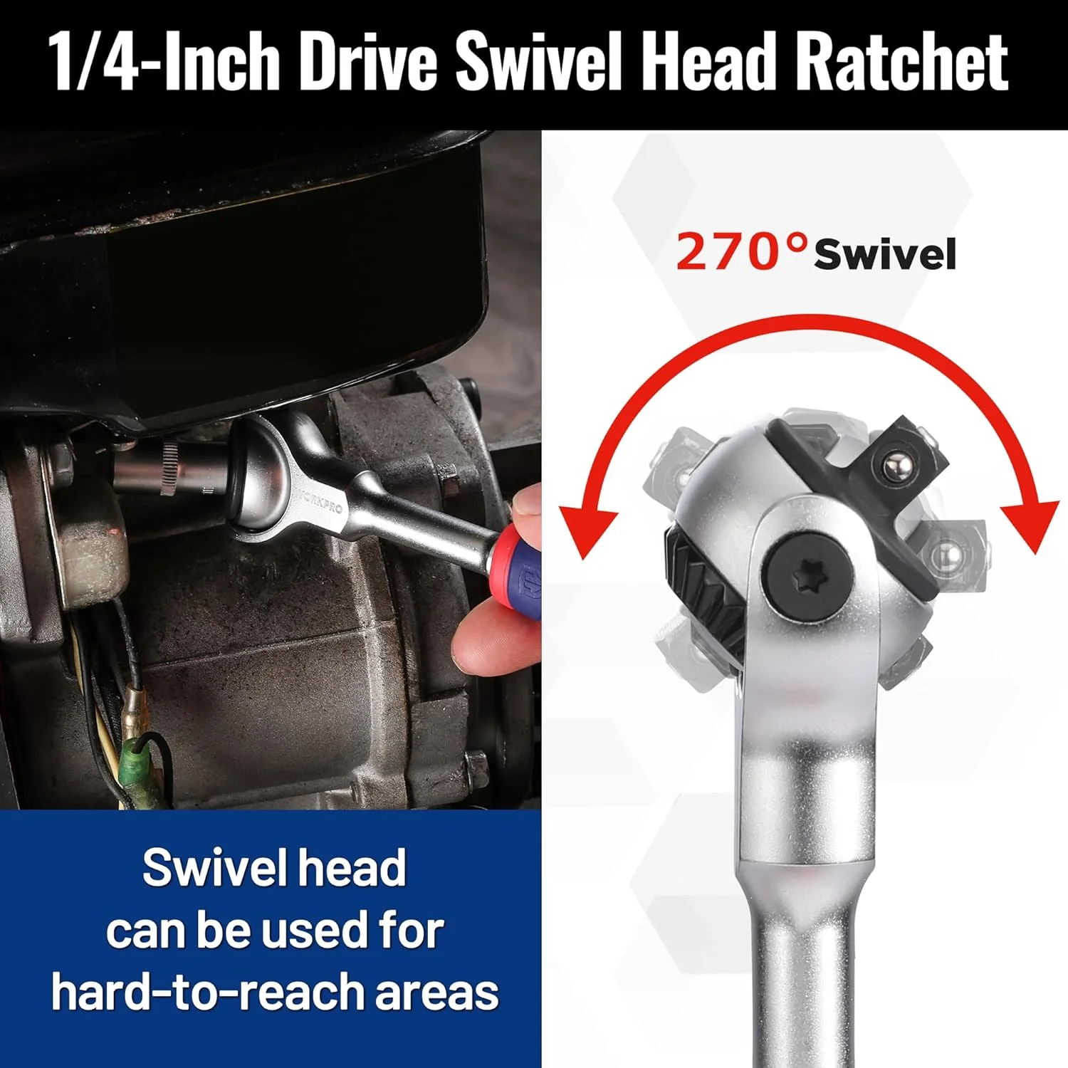 WORKPRO 1/4" Drive Swivel Head Ratchet, 72-Tooth, 270° Rotation, Quick Release & Reversible, Cr-Mo Head, Chrome Finish, Ideal for Tight Spaces & Precision Tasks - Image 2