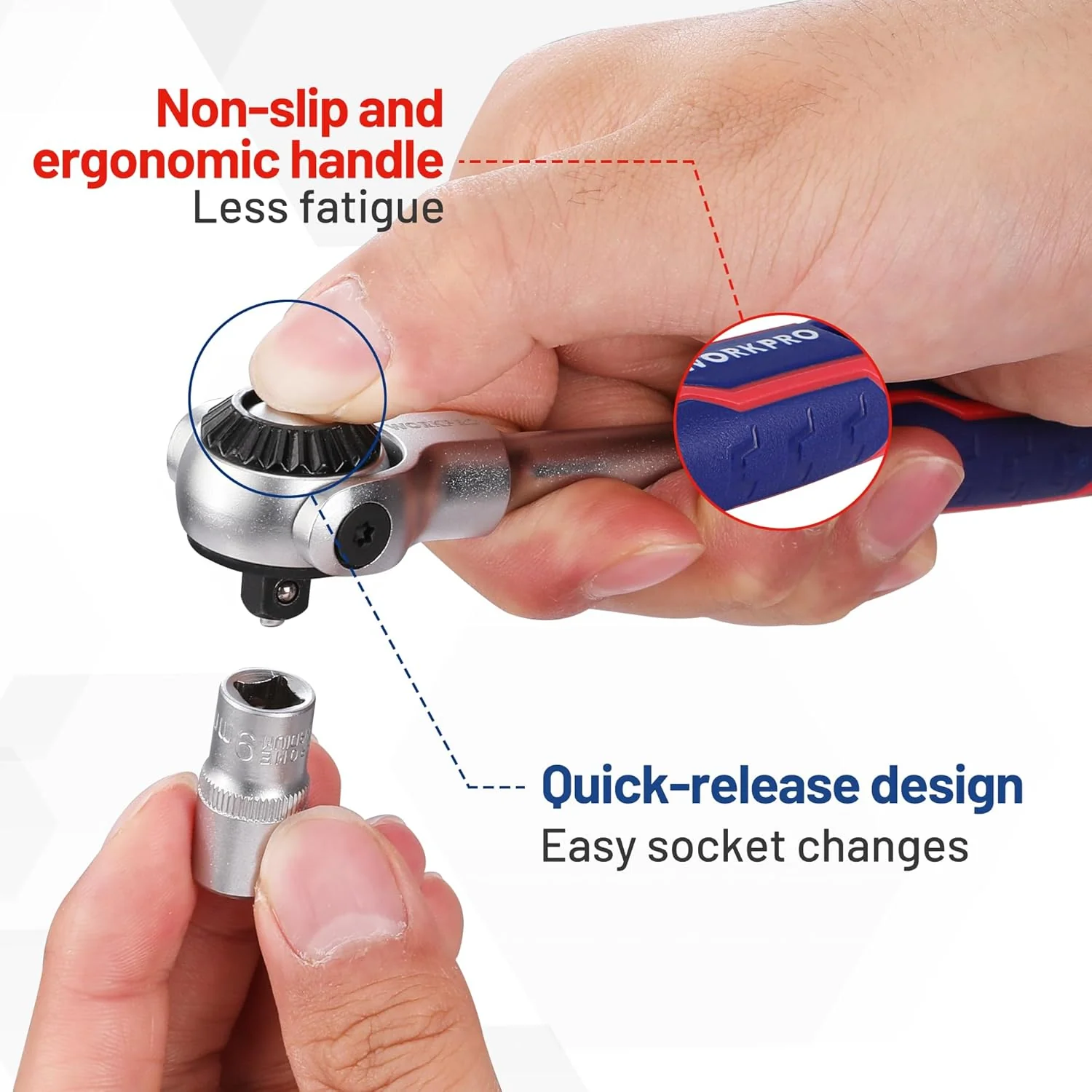 WORKPRO 1/4" Drive Swivel Head Ratchet, 72-Tooth, 270° Rotation, Quick Release & Reversible, Cr-Mo Head, Chrome Finish, Ideal for Tight Spaces & Precision Tasks - Image 5