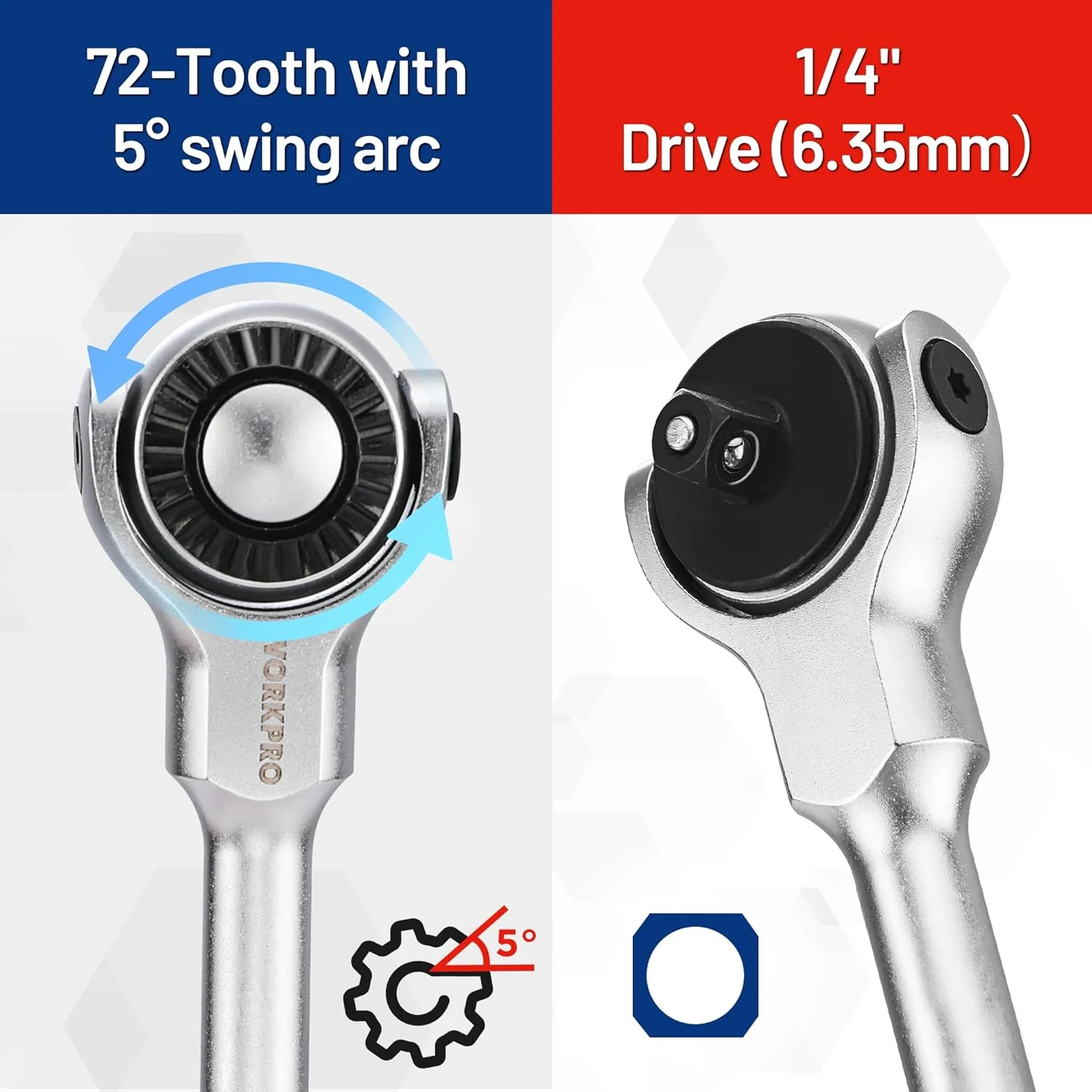 WORKPRO 1/4" Drive Swivel Head Ratchet, 72-Tooth, 270° Rotation, Quick Release & Reversible, Cr-Mo Head, Chrome Finish, Ideal for Tight Spaces & Precision Tasks - Image 6