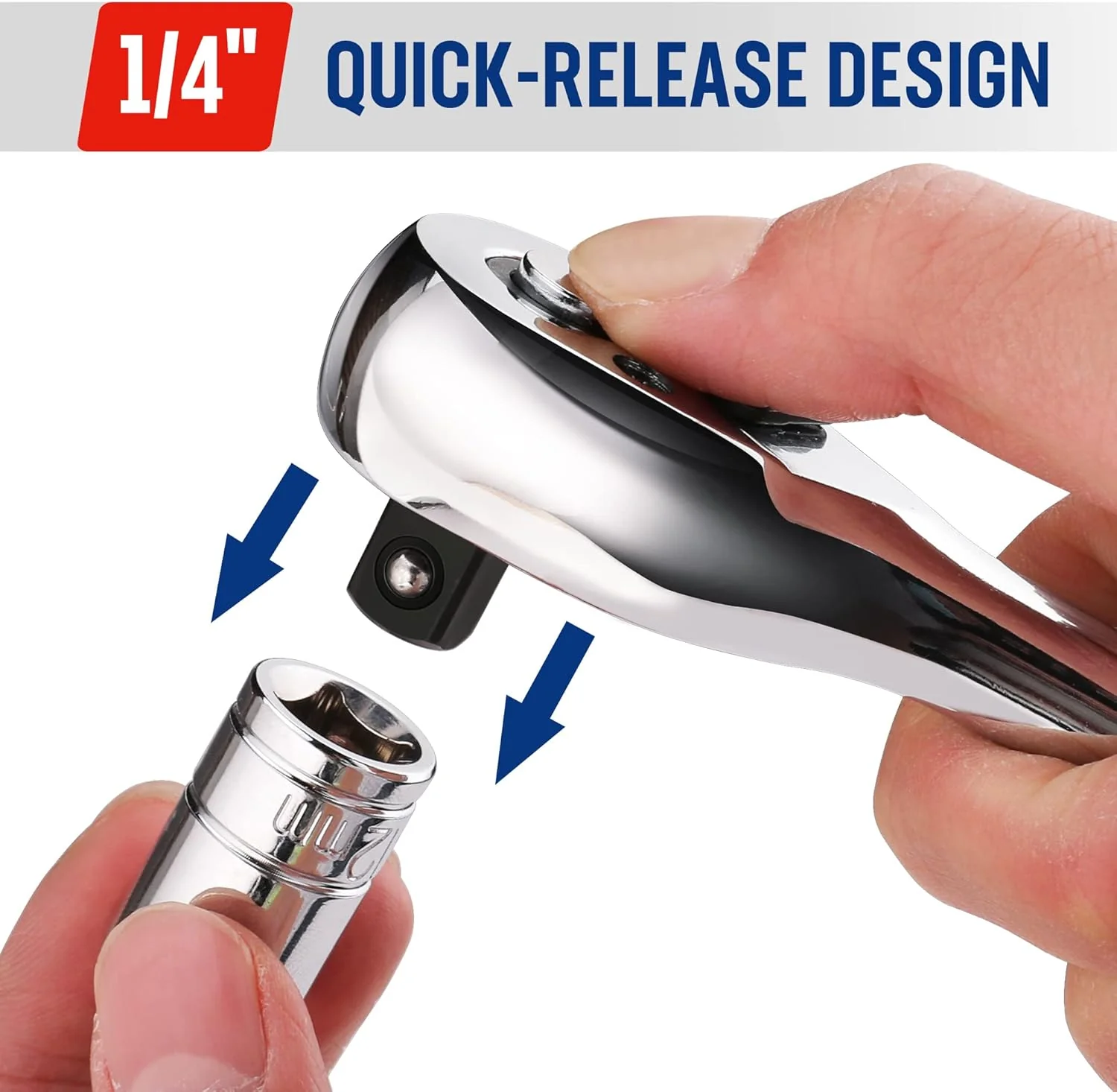 WORKPRO 1/4-Inch Drive Ratchet Wrench, 72-Tooth Reversible Ratchet, Quick-Release 1/4 Drive Ratchet Handle, CR-MO Head, Chrome Plated Finish - Image 4