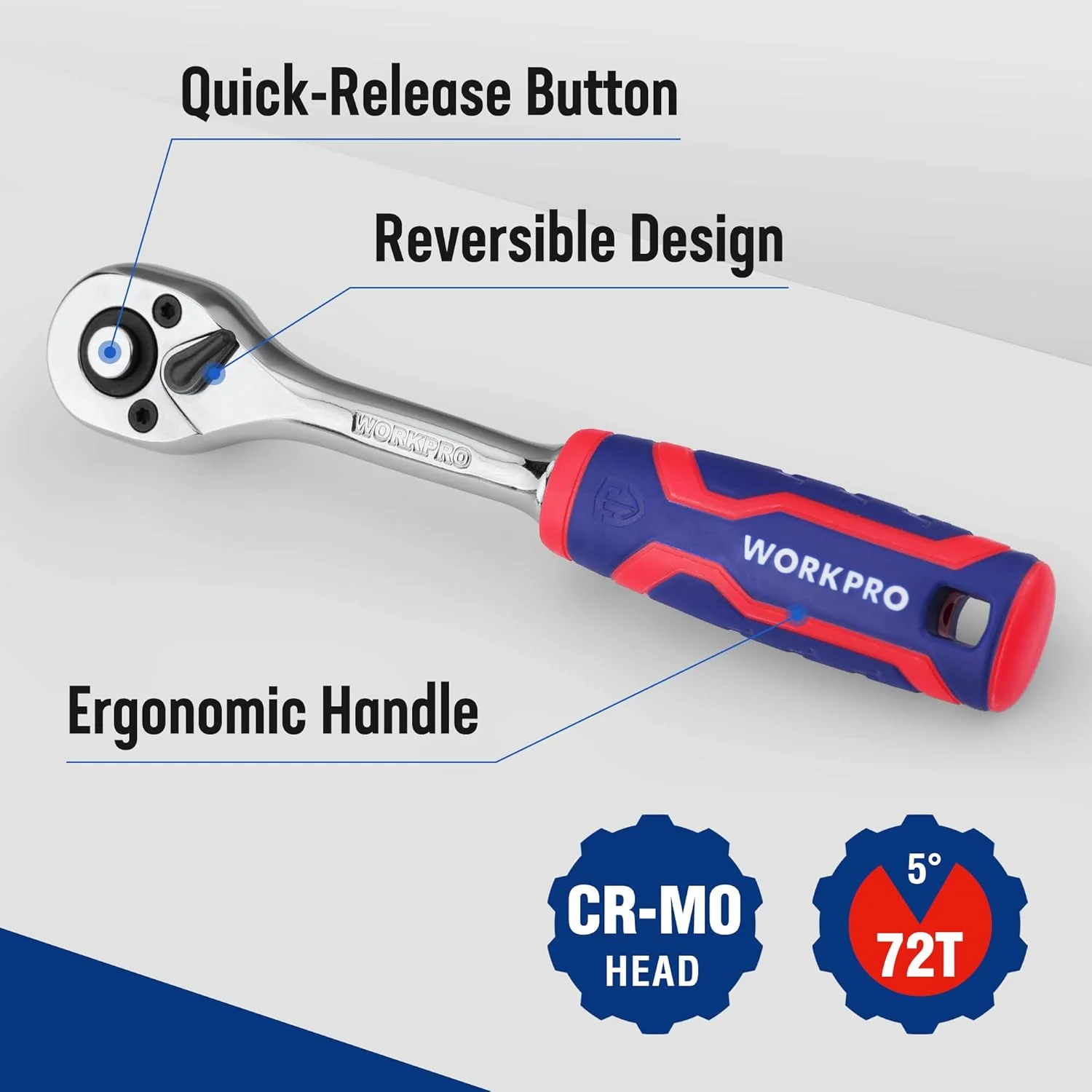 WORKPRO 1/4-Inch Drive Ratchet Wrench, 72-Tooth Reversible Ratchet, Quick-Release 1/4 Drive Ratchet Handle, CR-MO Head, Chrome Plated Finish - Image 6