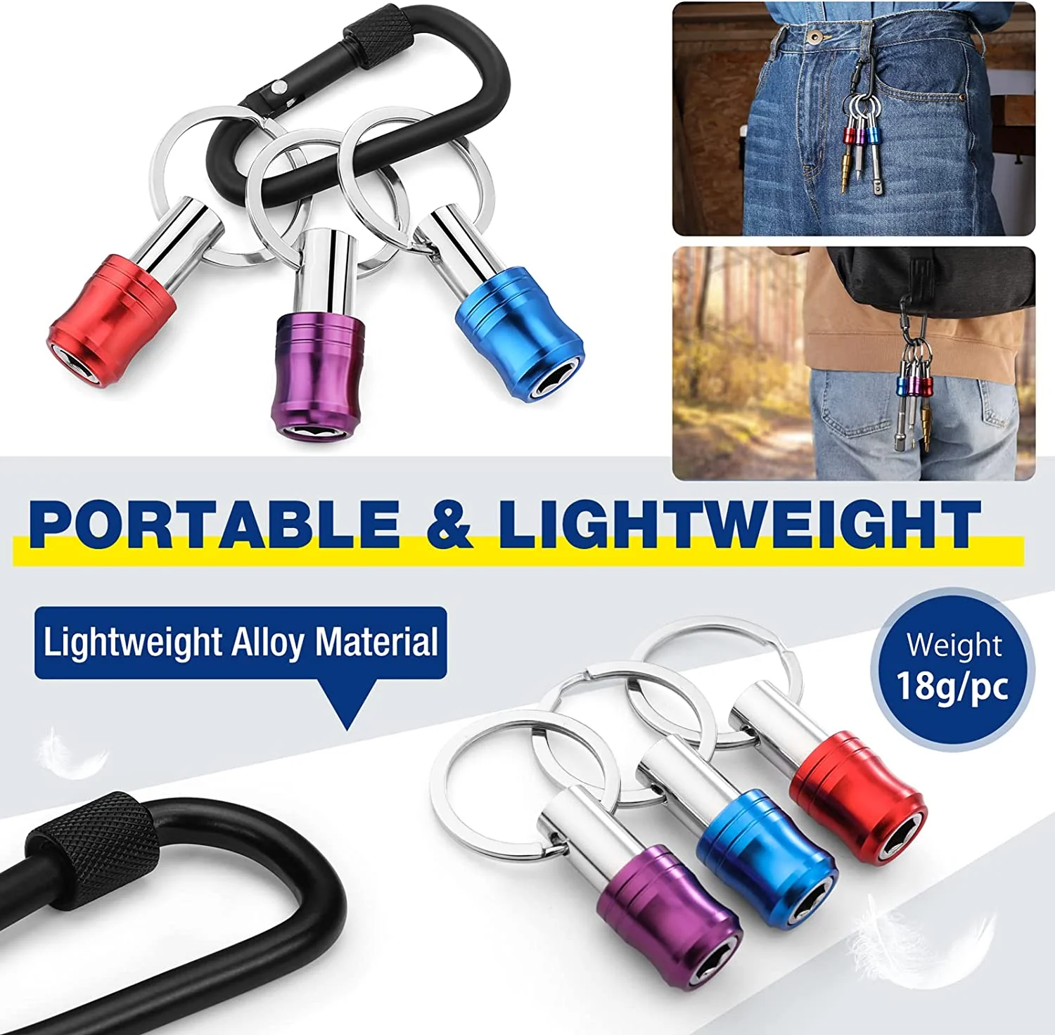 WORKPRO 1/4 inch Hex Shank Bit Holder, 3pcs Quick Release Drill Bit Holder Keychain for Impact Driver, Portable Screwdriver Bits Holder, Aluminum Alloy, Color Coded - Image 4