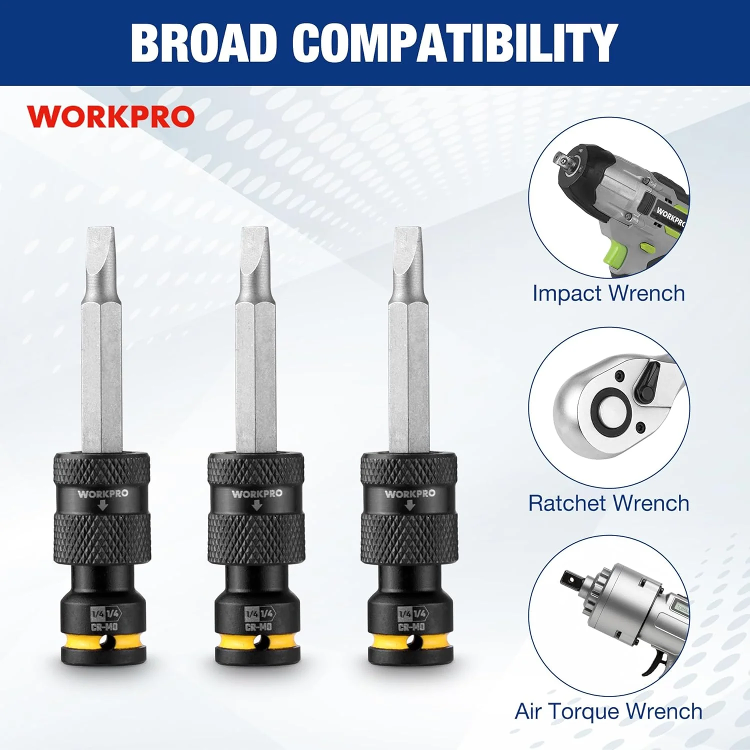 WORKPRO 1/4-inch Square to 1/4-inch Hex Quick Release Impact Socket Adapter and Bit Holder for Ratchet Wrenches, Drivers, Drills - Made from Durable CR-MO Steel - Image 3