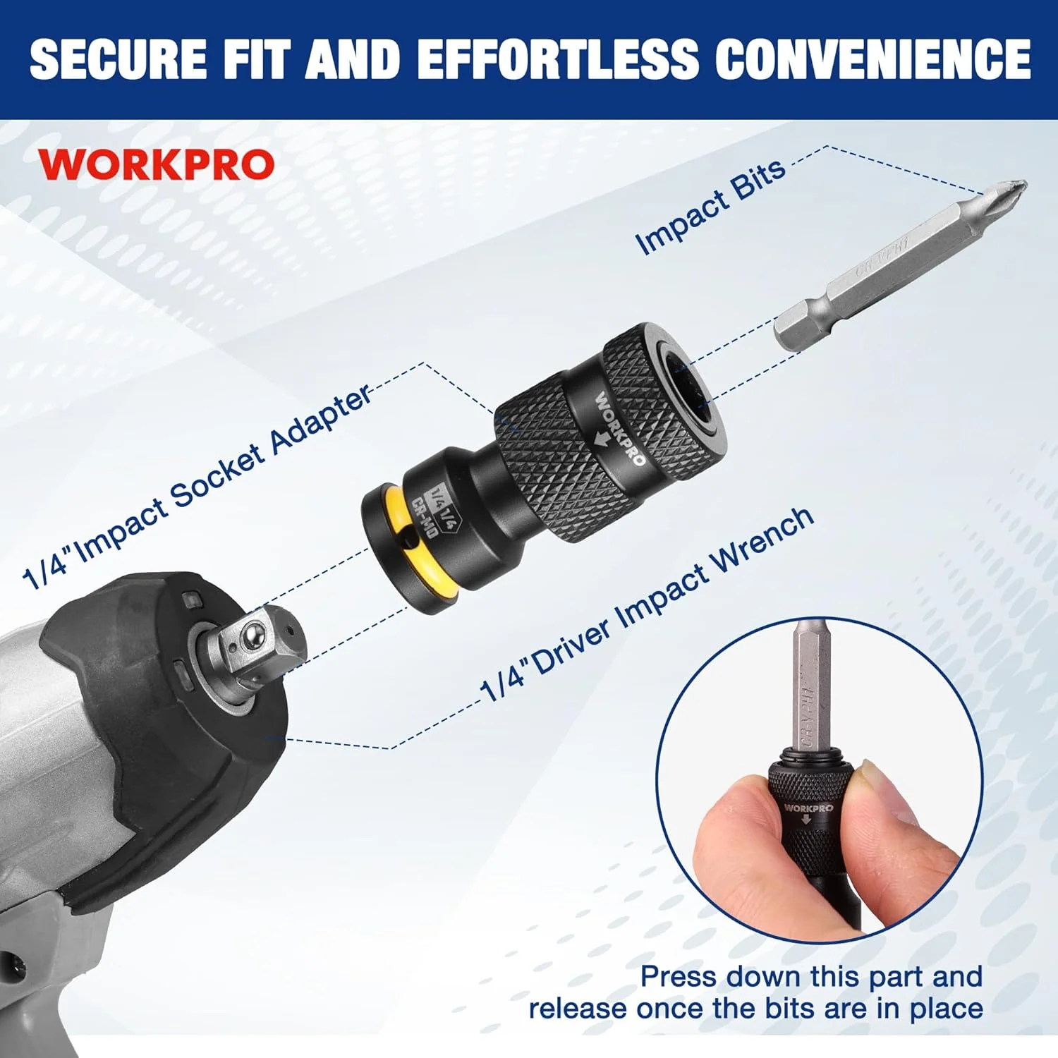 WORKPRO 1/4-inch Square to 1/4-inch Hex Quick Release Impact Socket Adapter and Bit Holder for Ratchet Wrenches, Drivers, Drills - Made from Durable CR-MO Steel - Image 4