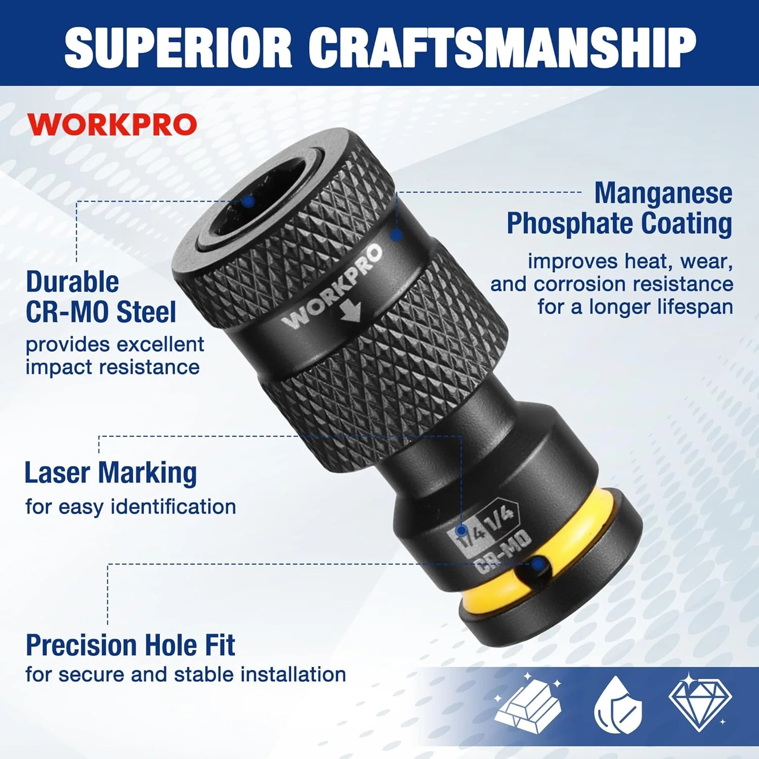 WORKPRO 1/4-inch Square to 1/4-inch Hex Quick Release Impact Socket Adapter and Bit Holder for Ratchet Wrenches, Drivers, Drills - Made from Durable CR-MO Steel - Image 5