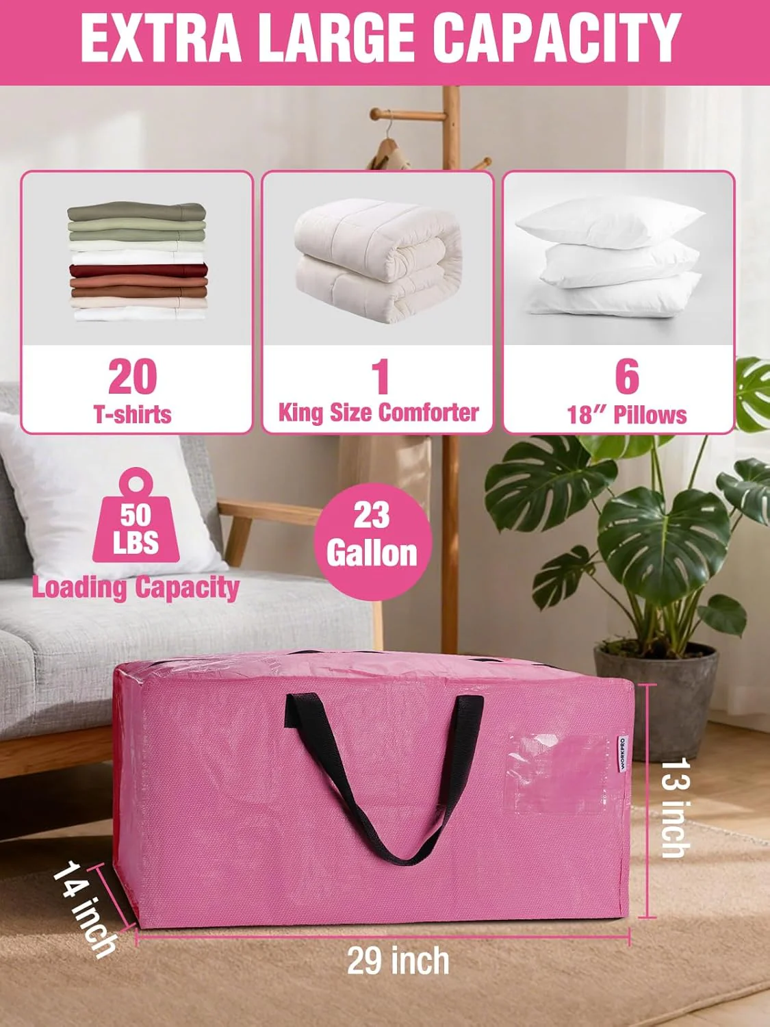 WORKPRO 1 Pack Extra Large Moving Bags with Zippers & Carrying Handles Backpack Straps, Heavy-Duty Storage Tote for Space Saving Moving Storage (Pink) - Image 3