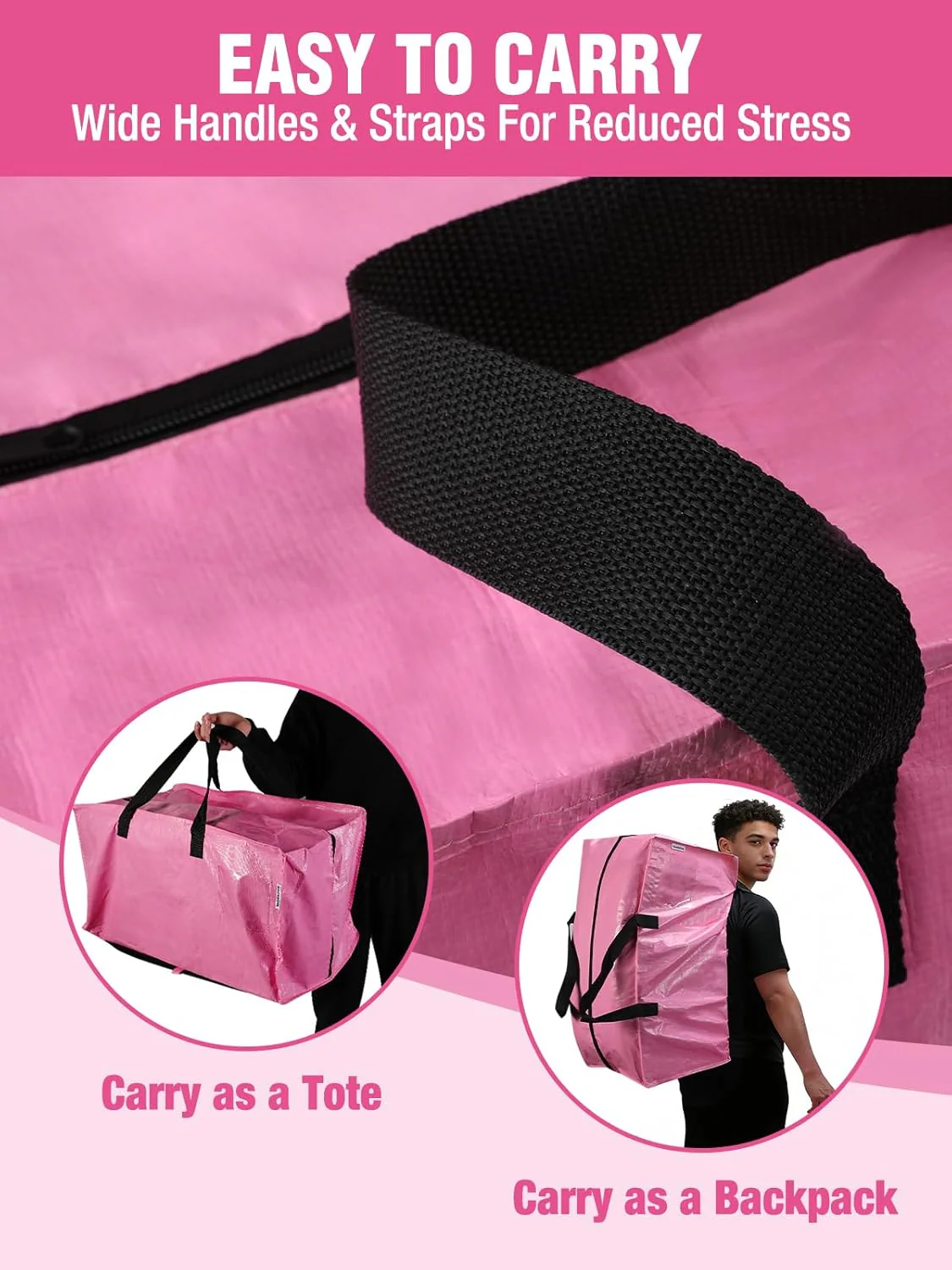 WORKPRO 1 Pack Extra Large Moving Bags with Zippers & Carrying Handles Backpack Straps, Heavy-Duty Storage Tote for Space Saving Moving Storage (Pink) - Image 5