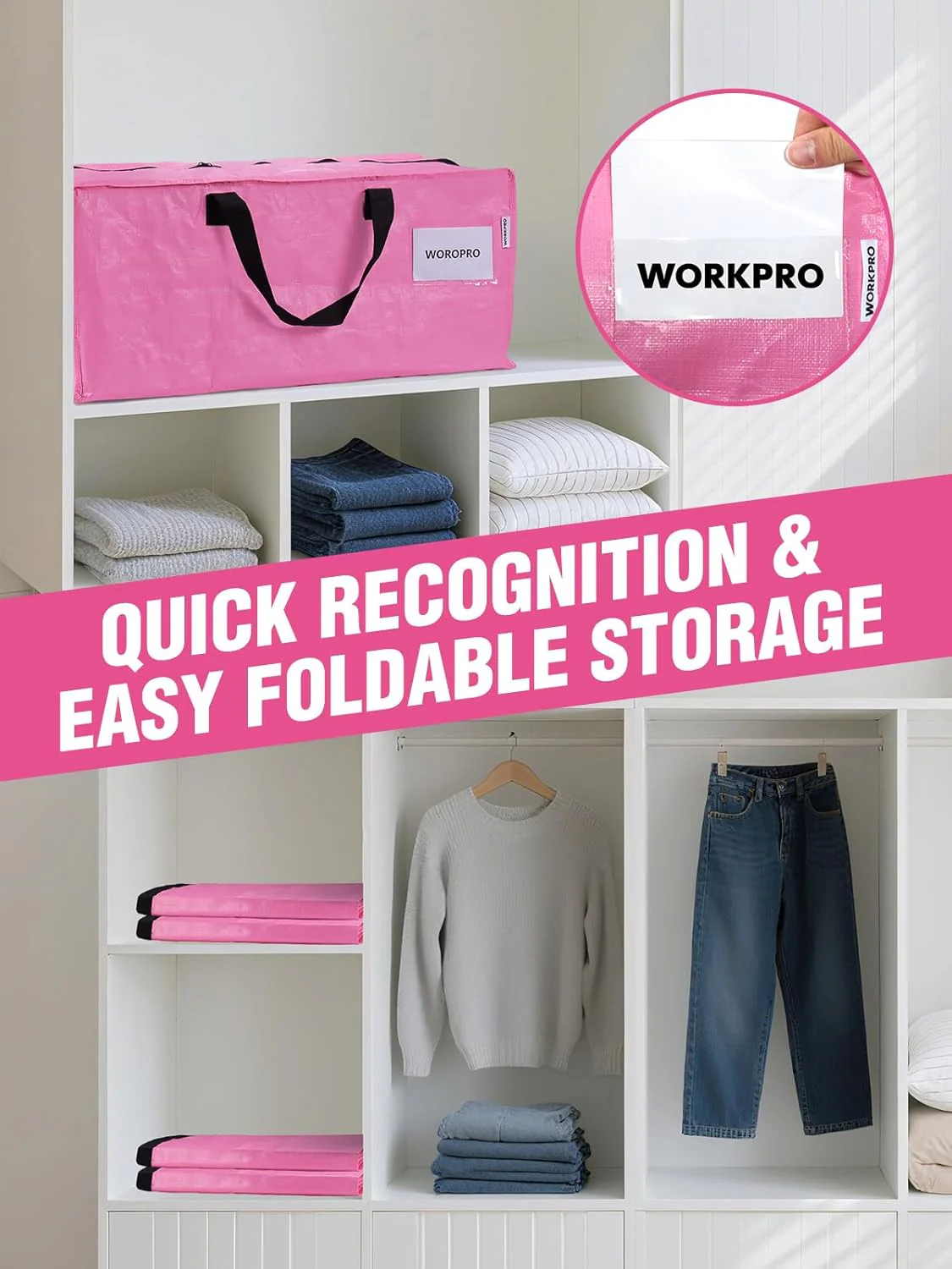 WORKPRO 1 Pack Extra Large Moving Bags with Zippers & Carrying Handles Backpack Straps, Heavy-Duty Storage Tote for Space Saving Moving Storage (Pink) - Image 7