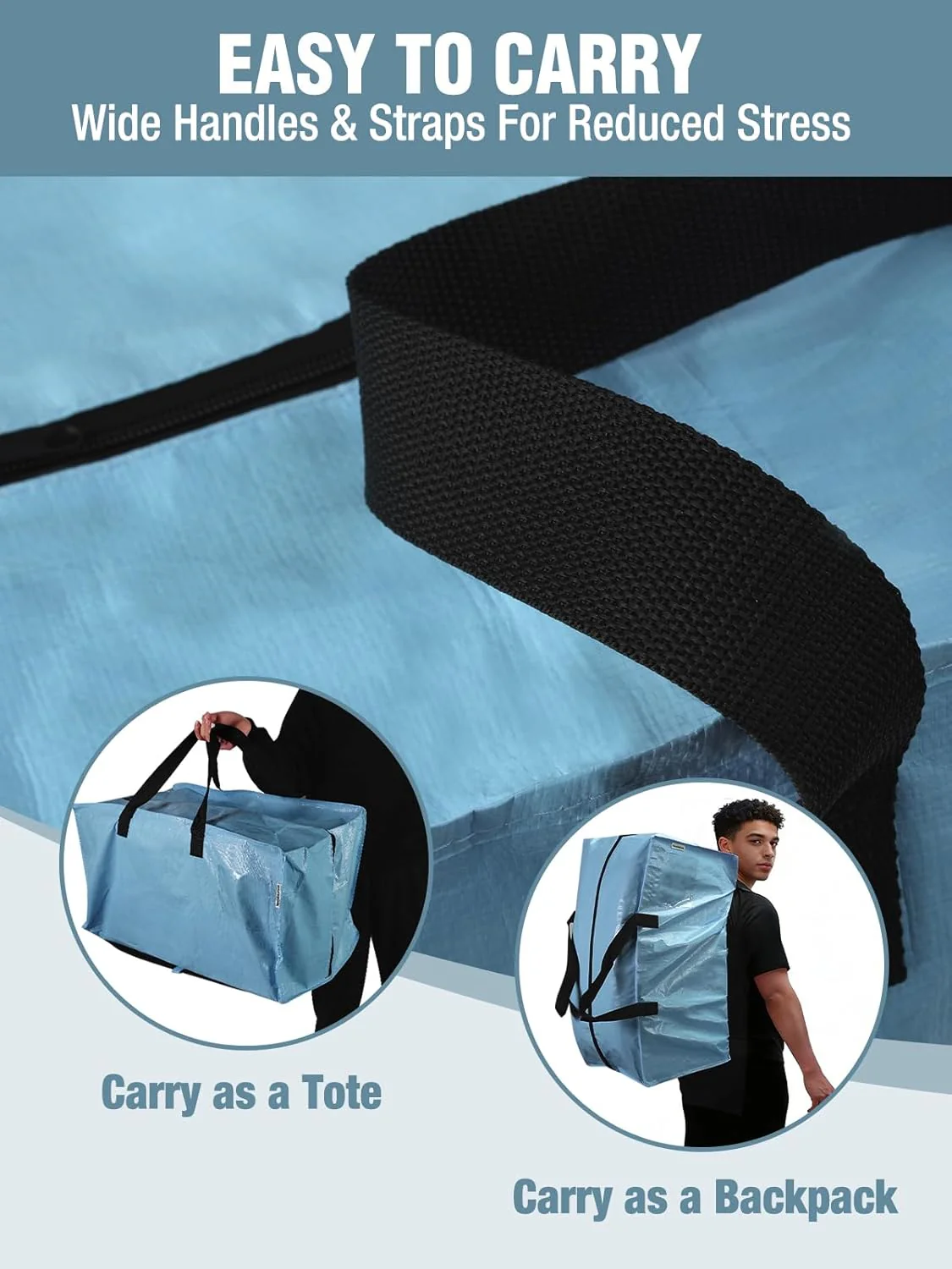 WORKPRO 1 Pack Extra Large Moving Bags with Zippers & Carrying Handles Backpack Straps, Heavy-Duty Storage Tote for Space Saving & Storage, Alternative to Moving Box (Dusty Blue) - Image 5