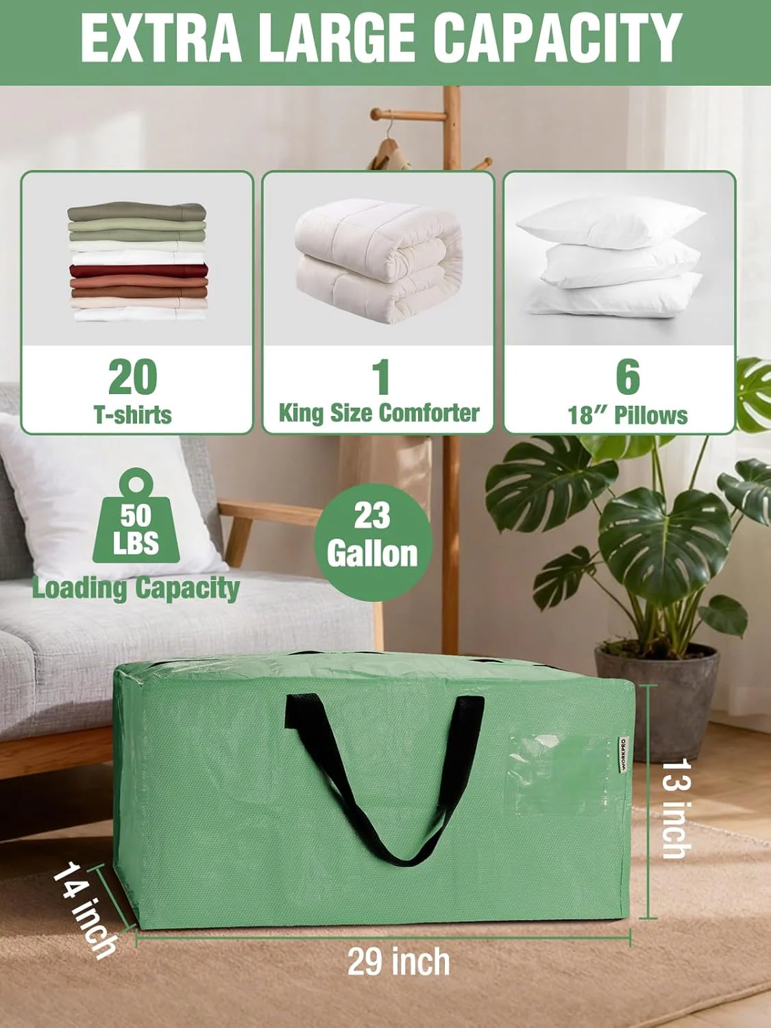 WORKPRO 1 Pack Extra Large Moving Bags with Zippers & Carrying Handles Backpack Straps, Heavy-Duty Storage Tote for Space Saving & Storage, Alternative to Moving Box (Green) - Image 3
