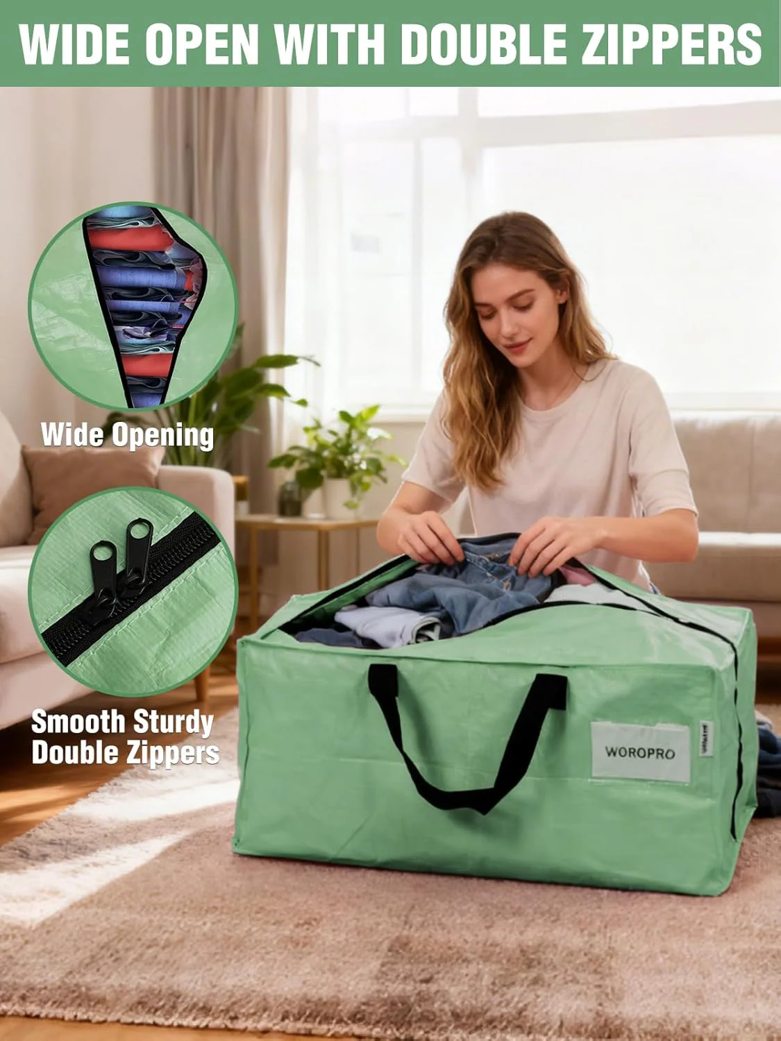 WORKPRO 1 Pack Extra Large Moving Bags with Zippers & Carrying Handles Backpack Straps, Heavy-Duty Storage Tote for Space Saving & Storage, Alternative to Moving Box (Green) - Image 6