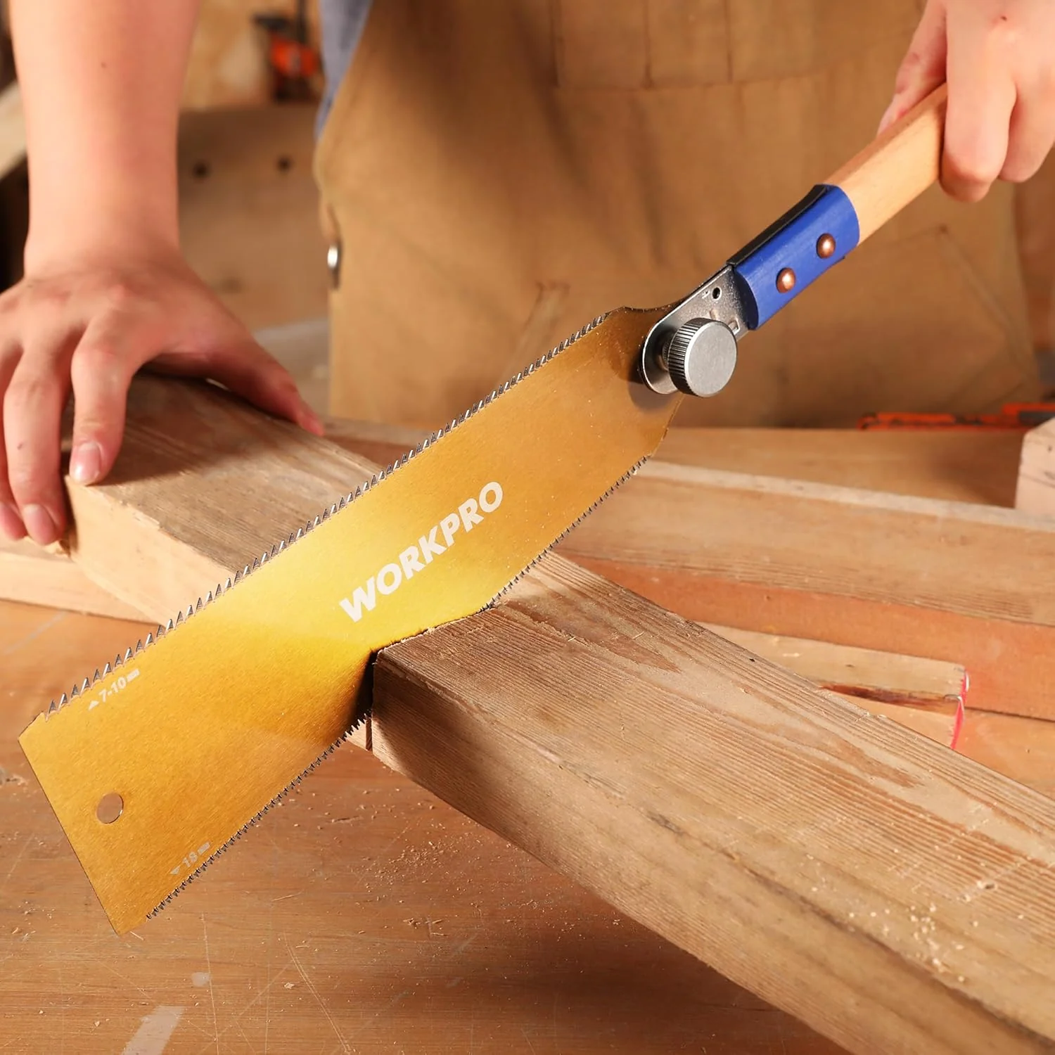 WORKPRO 10 Inch Japanese Pull Saw, Double-Edged Hand Saw for Wood Cutting with 7-9&18 TPI, SK5 Flexible Blade Flush Cut Saw with Non-Slip Beech Handle, Perfect Woodworking Tool Gift - Image 6