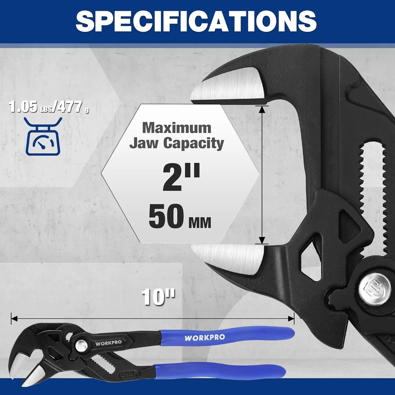 WORKPRO 10-Inch Pliers Wrench, CR-V Construction Wrench Pliers, Adjustable Parallel Smooth Jaw Pliers, Black Finish, Groove Lock Mechanism - Image 2
