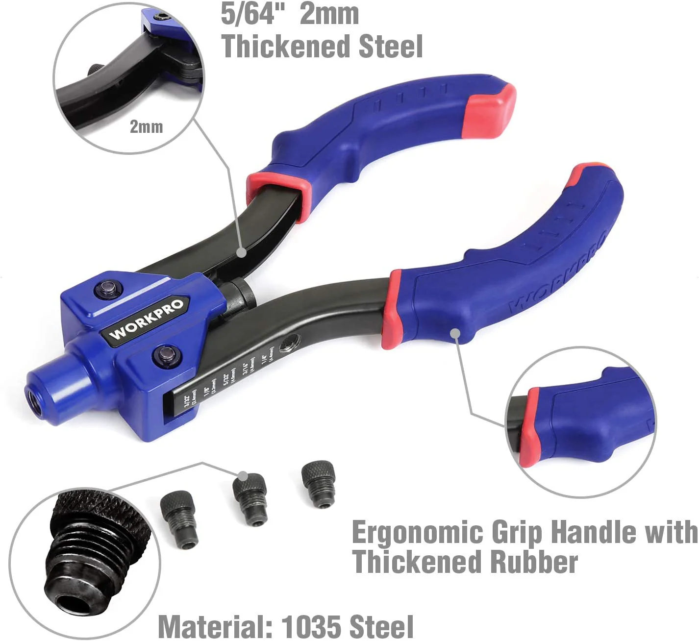 WORKPRO 10-Inch Pop Rivet Gun, Heavy Duty Riveter with 3 Interchangeable Heads (3 Nosepieces) and 100pcs Rivets, 5-in-1 Hand Riveter Set for Metal, Plastic, Repairing Truck Bed, Fixing Highway Sign - Image 2