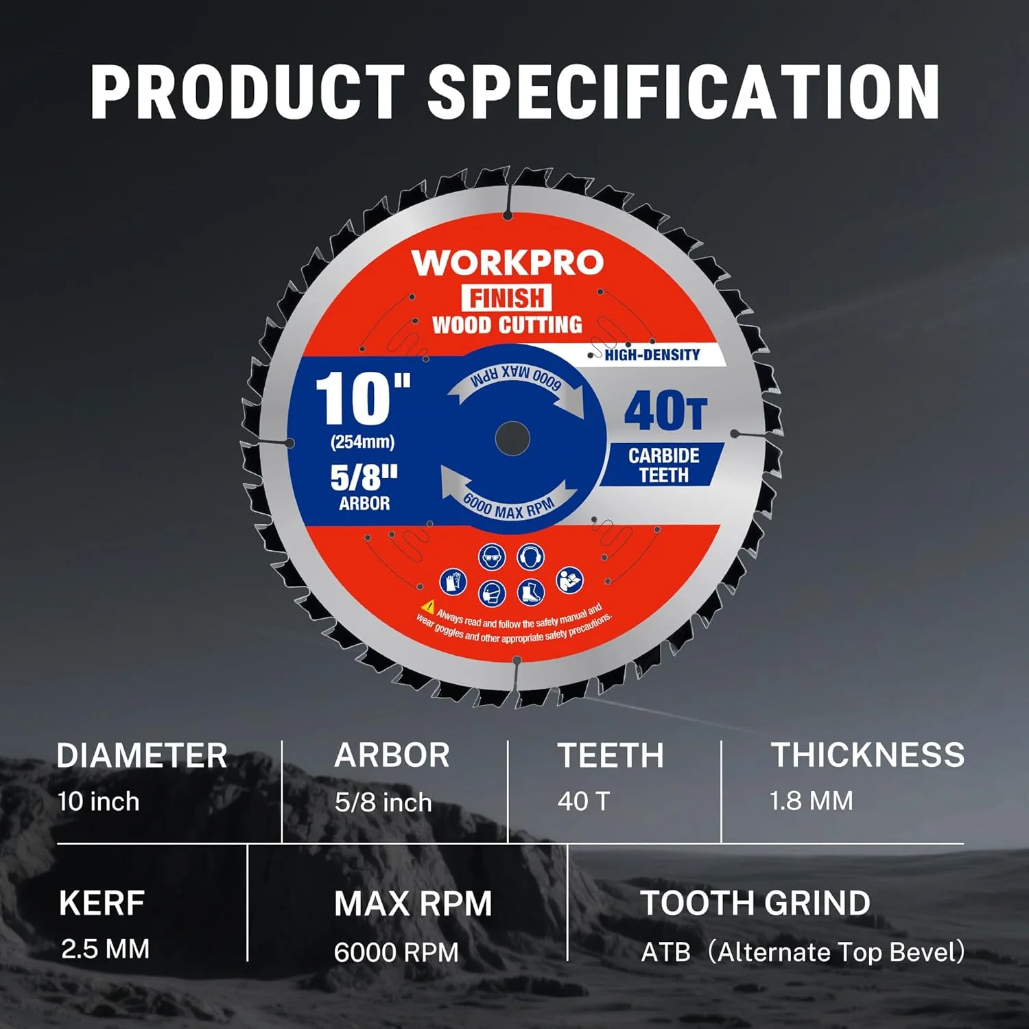 WORKPRO 10 Inch Woodworking Circular Saw Blade, 40T General Purpose Table/Miter Saw, Thin Kerf(1.8mm), Carbide Tipped, ATB Tooth, 1-Pack - Image 3