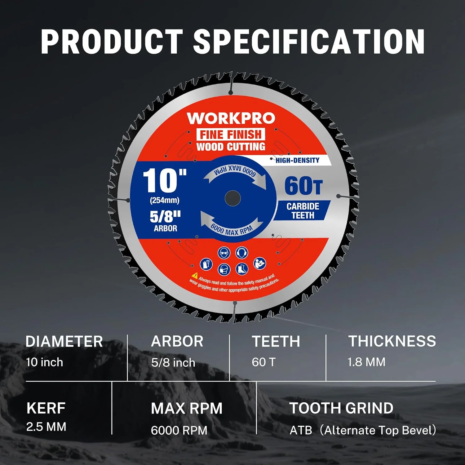WORKPRO 10 Inch Woodworking Circular Saw Blade, 60T Fine Finish Plywood & Trim, Thin Kerf, Carbide Tipped, ATB Tooth, 1-Pack - Image 3
