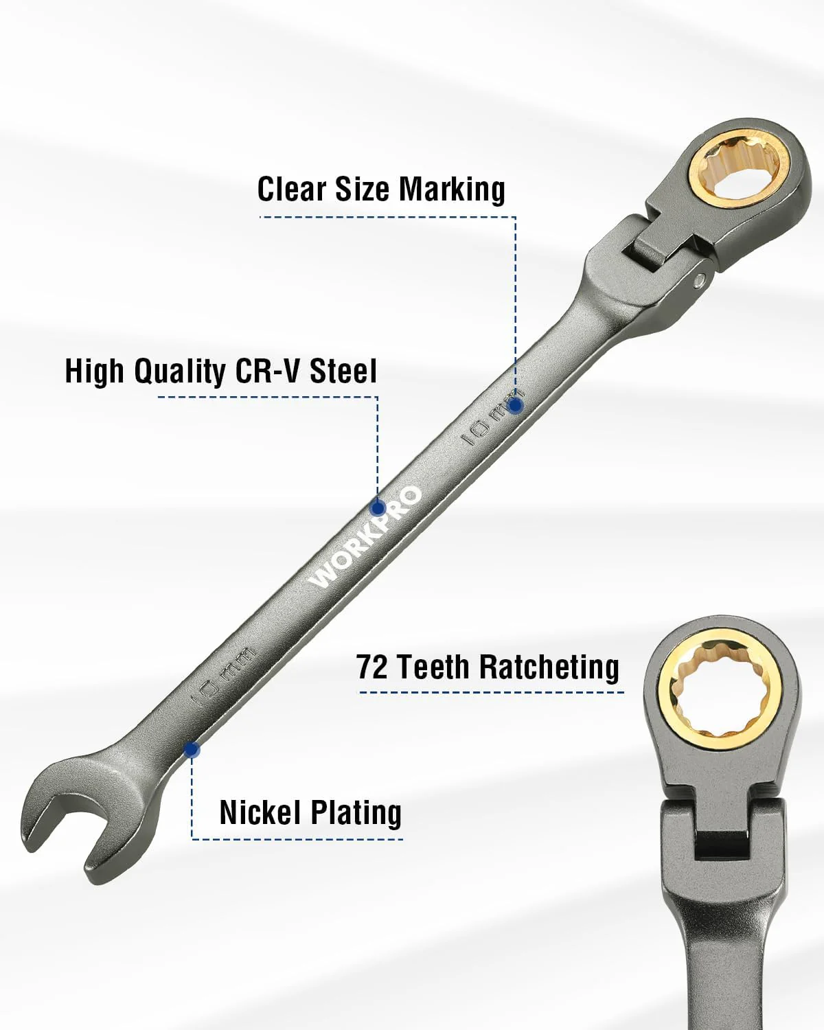 WORKPRO 10 mm Flex-Head Ratcheting Combination Wrench, Cr-V Constructed, Nickel Plating, 72-Teeth, 12 Point Design, Metric - Image 2