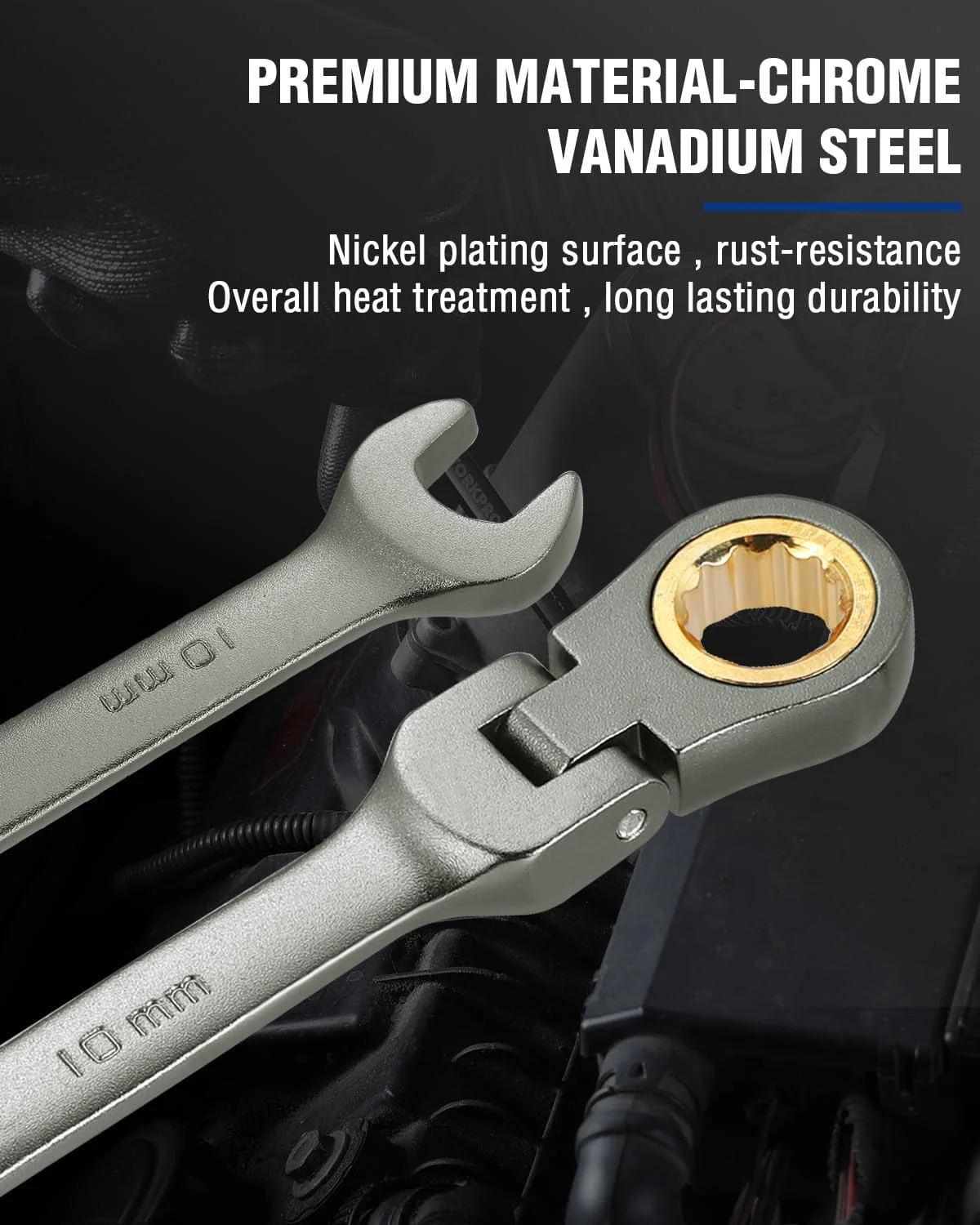 WORKPRO 10 mm Flex-Head Ratcheting Combination Wrench, Cr-V Constructed, Nickel Plating, 72-Teeth, 12 Point Design, Metric - Image 3