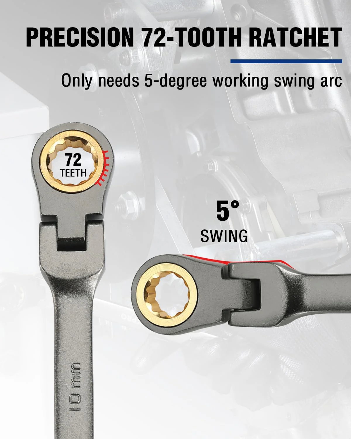 WORKPRO 10 mm Flex-Head Ratcheting Combination Wrench, Cr-V Constructed, Nickel Plating, 72-Teeth, 12 Point Design, Metric - Image 6