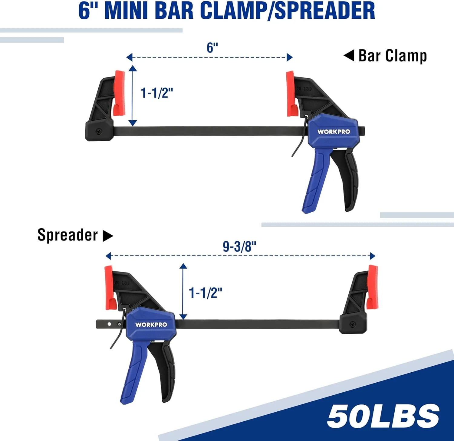 WORKPRO 10-Pack Bar Clamps for Woodworking, 6-Inch (2) Mini & (2) Light Duty and 12-Inch (2) Wood Clamps & 4-1/2-Inch (4) Spring Clamps, F Clamp with 50/150 LBS Load Limited - Image 3