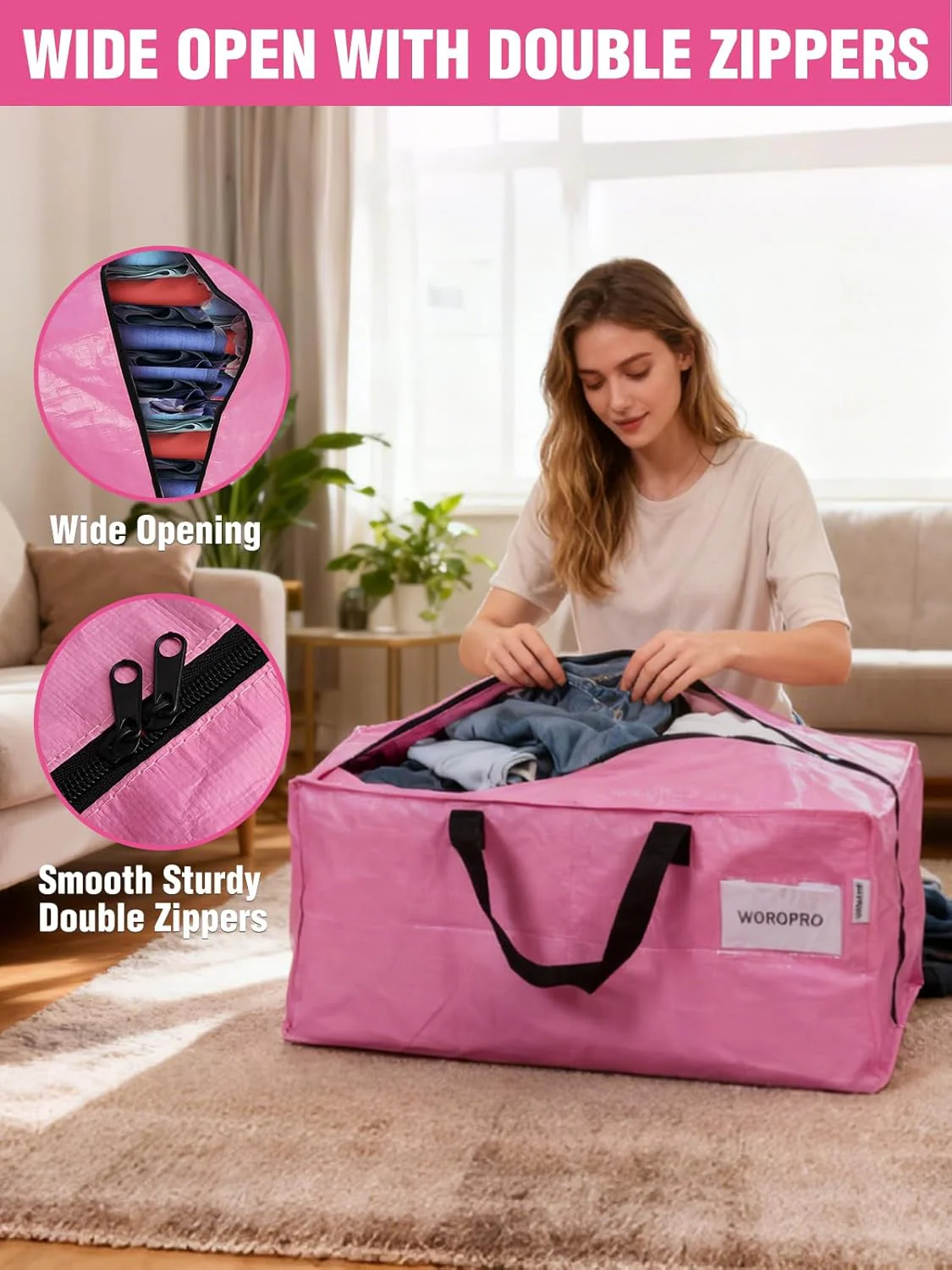 WORKPRO 10 Pack Extra Large Moving Bags with Zippers & Carrying Handles Backpack Straps, Heavy-Duty Storage Tote for Space Saving Moving Storage (Pink) - Image 6